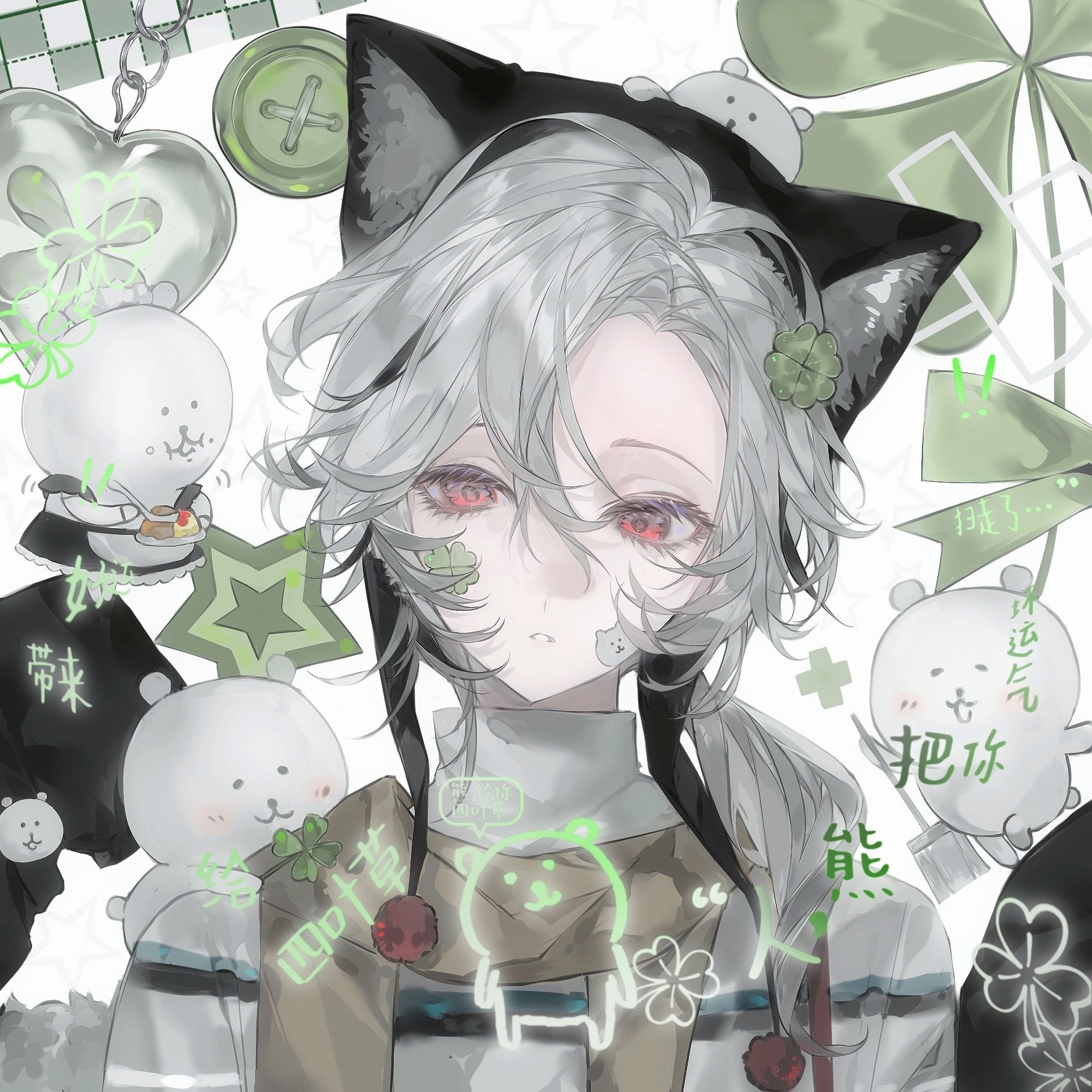 original, highres, 1boy, animal ears, animal hood, bandaid, bandaid on face, cat ears, clover, clover hair ornament, fake animal ears, four-leaf clover, grey hair, hair ornament, heilanshuimuchu, hood, long hair, low ponytail, male focus, parted bangs, parted lips, ponytail, red eyes, scarf, simple background, solo, star (symbol), stuffed animal, stuffed toy, upper body