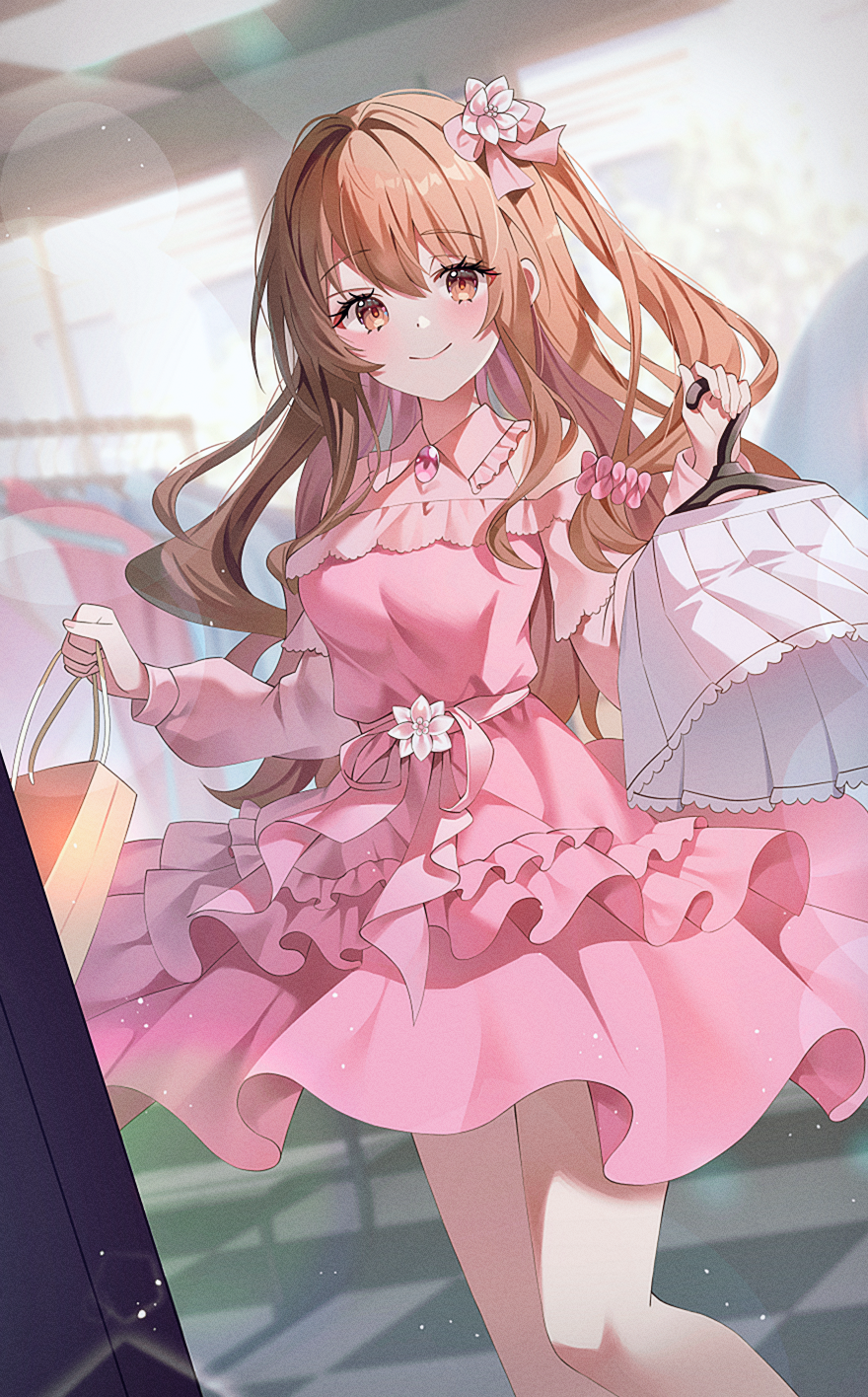 gin (gin937), k2 (girls' frontline), yoohee (girls' frontline 2), girls' frontline, girls' frontline 2: exilium, commentary, highres, 1girl, alternate costume, bag, blurry, blurry background, blush, brown eyes, brown hair, closed mouth, clothes hanger, collared dress, dress, feet out of frame, frilled shirt collar, frills, holding, holding bag, holding clothes hanger, long hair, long sleeves, looking at viewer, one side up, pink dress, pleated skirt, skirt, smile, solo, standing, unworn skirt, white skirt