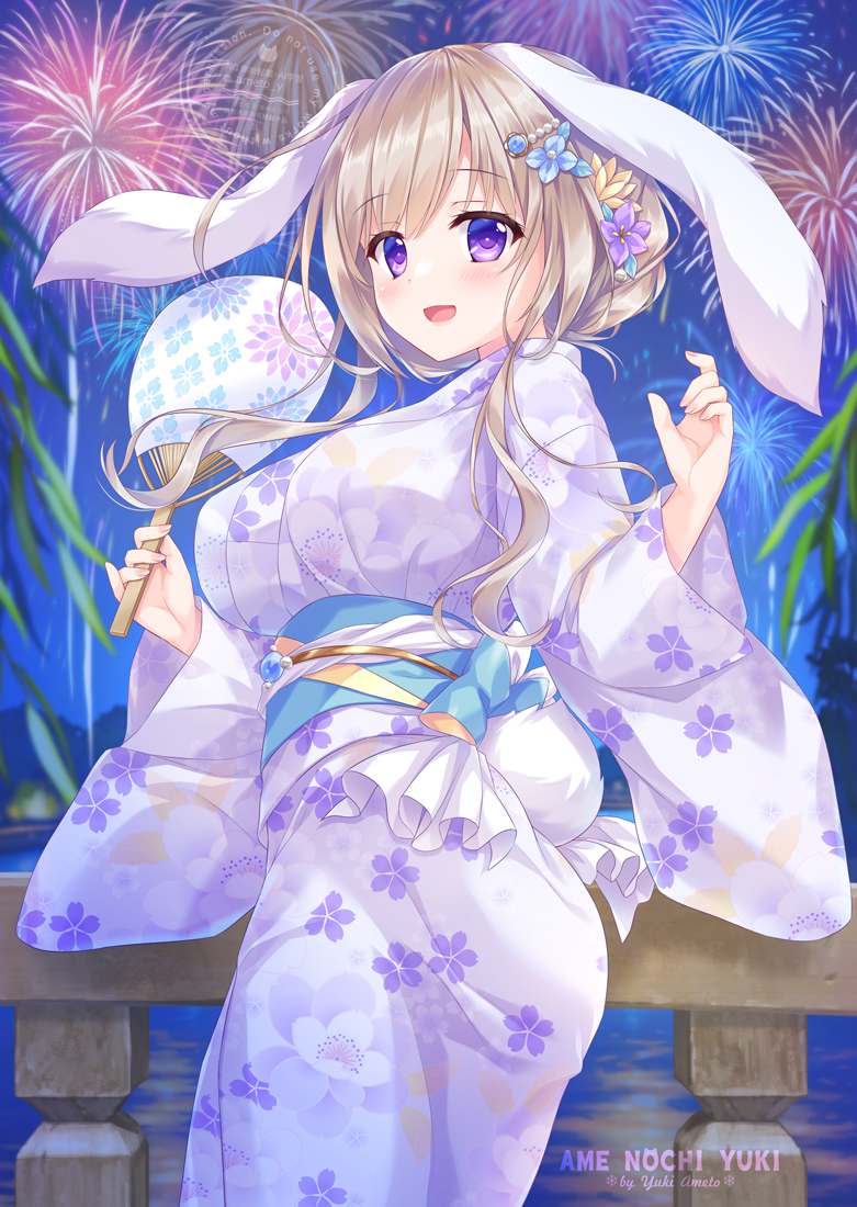 ameto yuki, original, 1girl, aerial fireworks, animal ears, blonde hair, blush, breasts, cotton candy, ecru (ameto yuki), fireworks, floral print, floral print kimono, flower, food, hair between eyes, hair flower, hair ornament, hairclip, hand fan, holding, holding cotton candy, holding fan, holding food, japanese clothes, kimono, large breasts, long hair, looking at viewer, night, night sky, obi, open mouth, outdoors, print kimono, purple eyes, purple kimono, rabbit ears, sash, sky, smile, solo, yukata