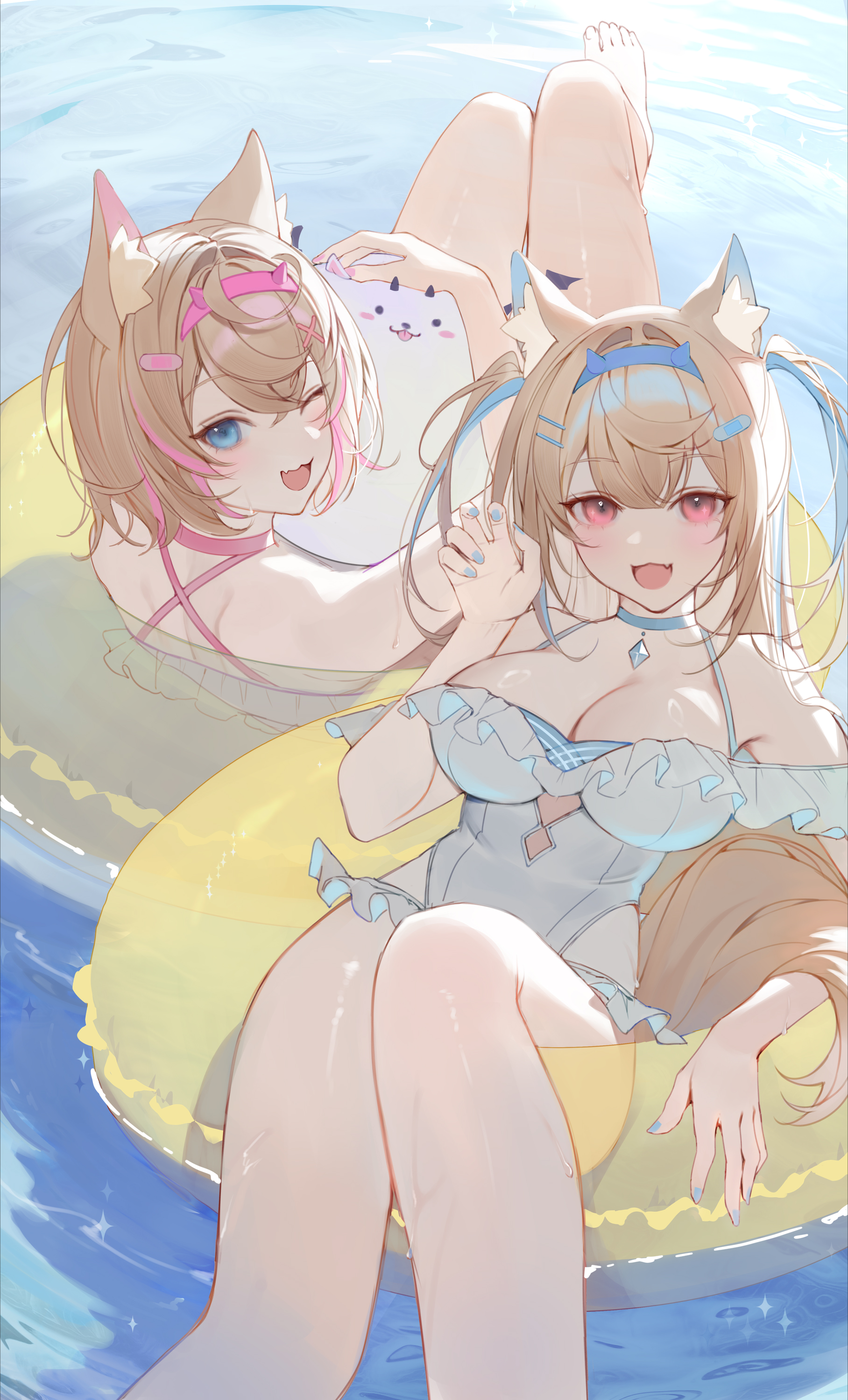 udonhorok, fuwawa abyssgard, mococo abyssgard, perroccino (fuwamoco), hololive, absurdres, highres, 2girls, afloat, animal ear fluff, animal ears, bare legs, bare shoulders, barefoot, blonde hair, blue eyes, blue nails, blush, breasts, cleavage, dog ears, dog girl, dog tail, frilled one-piece swimsuit, frills, hair ornament, large breasts, long hair, looking at viewer, multicolored hair, multiple girls, ocean, one-piece swimsuit, one eye closed, open mouth, pink eyes, pink nails, short hair, siblings, sisters, streaked hair, swim ring, swimsuit, tail, twins, virtual youtuber, water, wet, x hair ornament