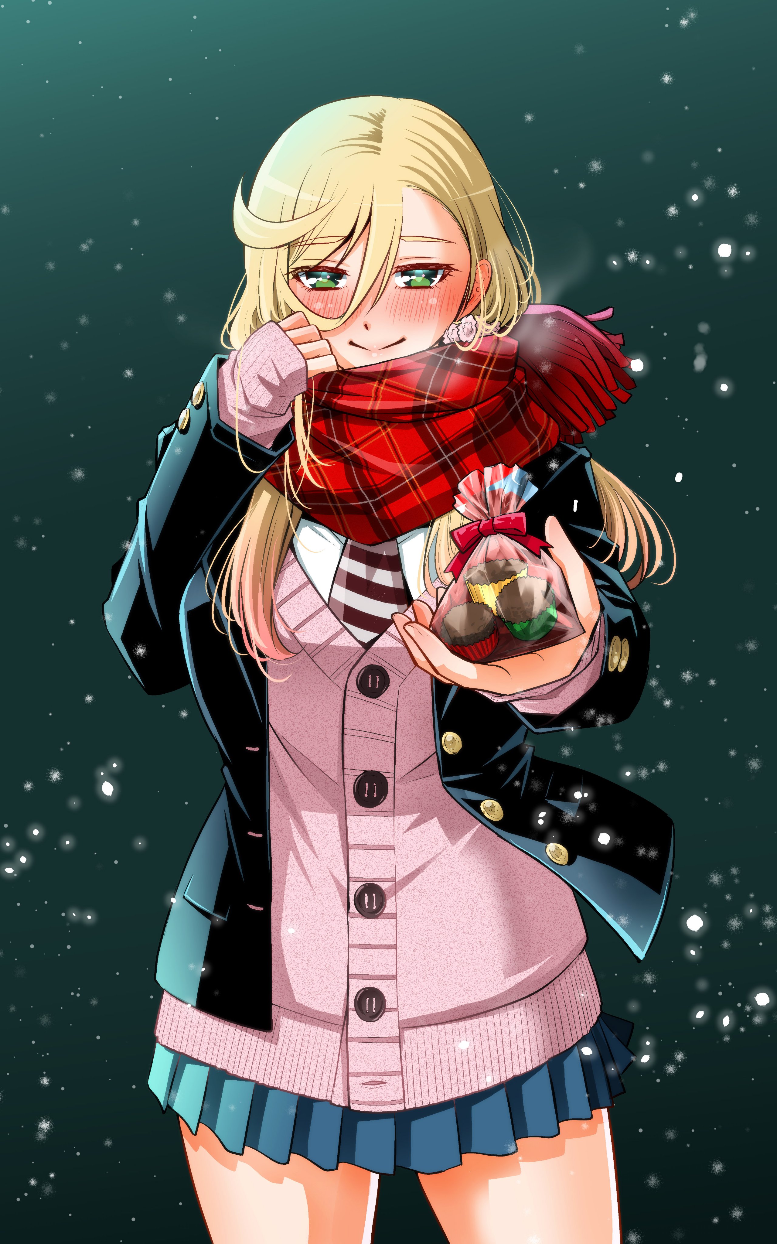 sogabe toshinori, kuzuryuu hanako, yankee jk kuzuhana-chan, absurdres, commentary request, highres, second-party source, 1girl, aqua background, black jacket, blazer, blonde hair, blush, cardigan, cardigan under jacket, chocolate, closed mouth, cowboy shot, giving, gradient background, green eyes, jacket, long hair, looking at viewer, open clothes, open jacket, pink cardigan, plaid clothes, plaid scarf, pleated skirt, reaching, reaching towards viewer, scarf, school uniform, skirt, smile, snowing, solo, swept bangs