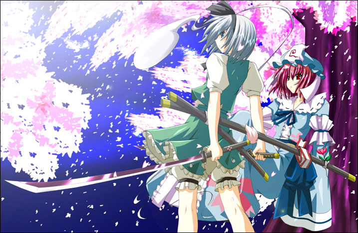 fumihiro, konpaku youmu, konpaku youmu (ghost), saigyouji yuyuko, touhou, non-web source, 2girls, bloomers, cherry blossoms, female focus, hitodama, katana, multiple girls, spring (season), sword, underwear, weapon, white bloomers