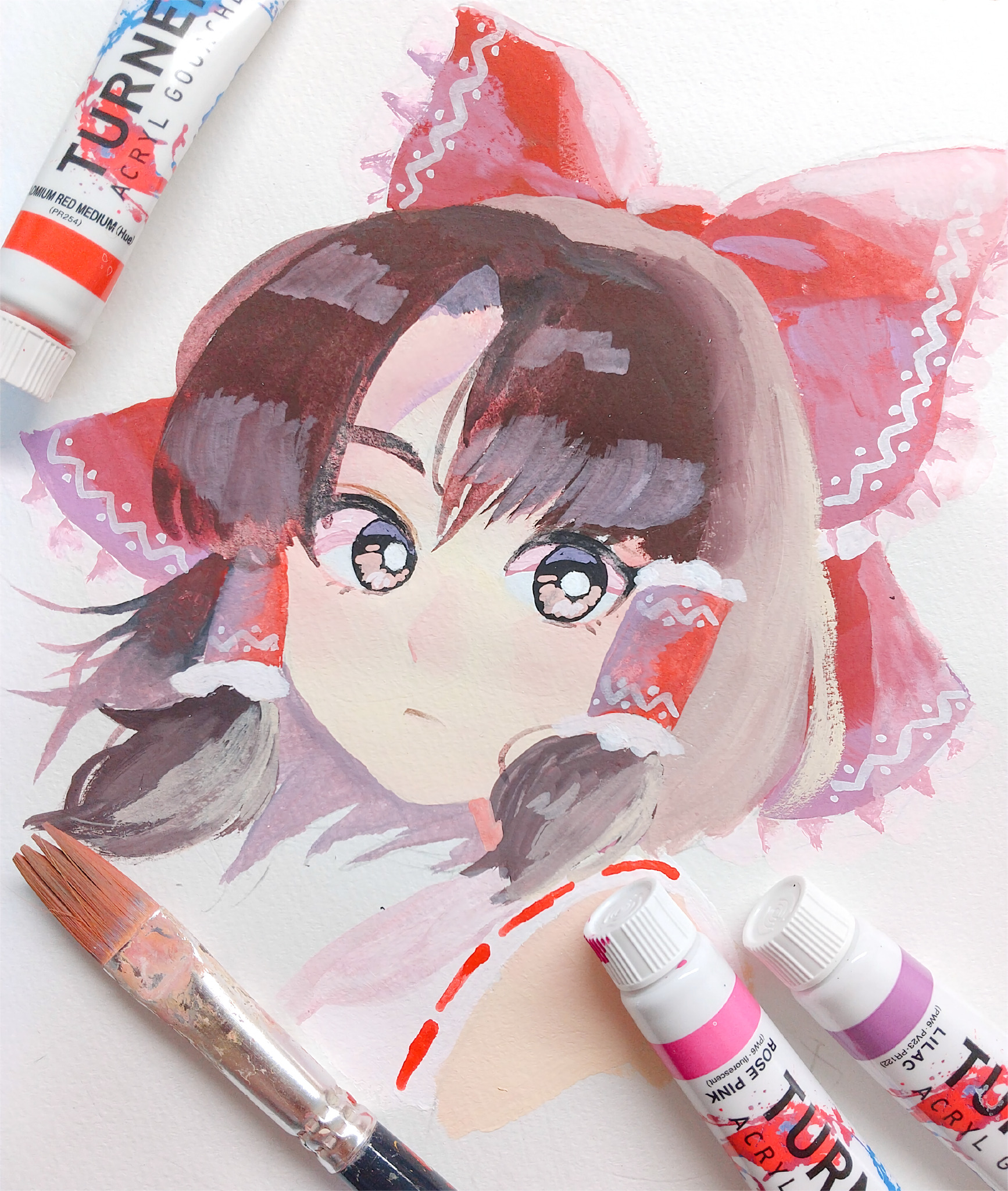 konoha217, hakurei reimu, touhou, acrylic gouache (medium), gouache (medium), highres, painting (medium), traditional media, 1girl, art tools in frame, bow, brown eyes, brown hair, frilled bow, frilled hair tubes, frills, hair bow, hair tubes, looking at viewer, red bow, solo, upper body
