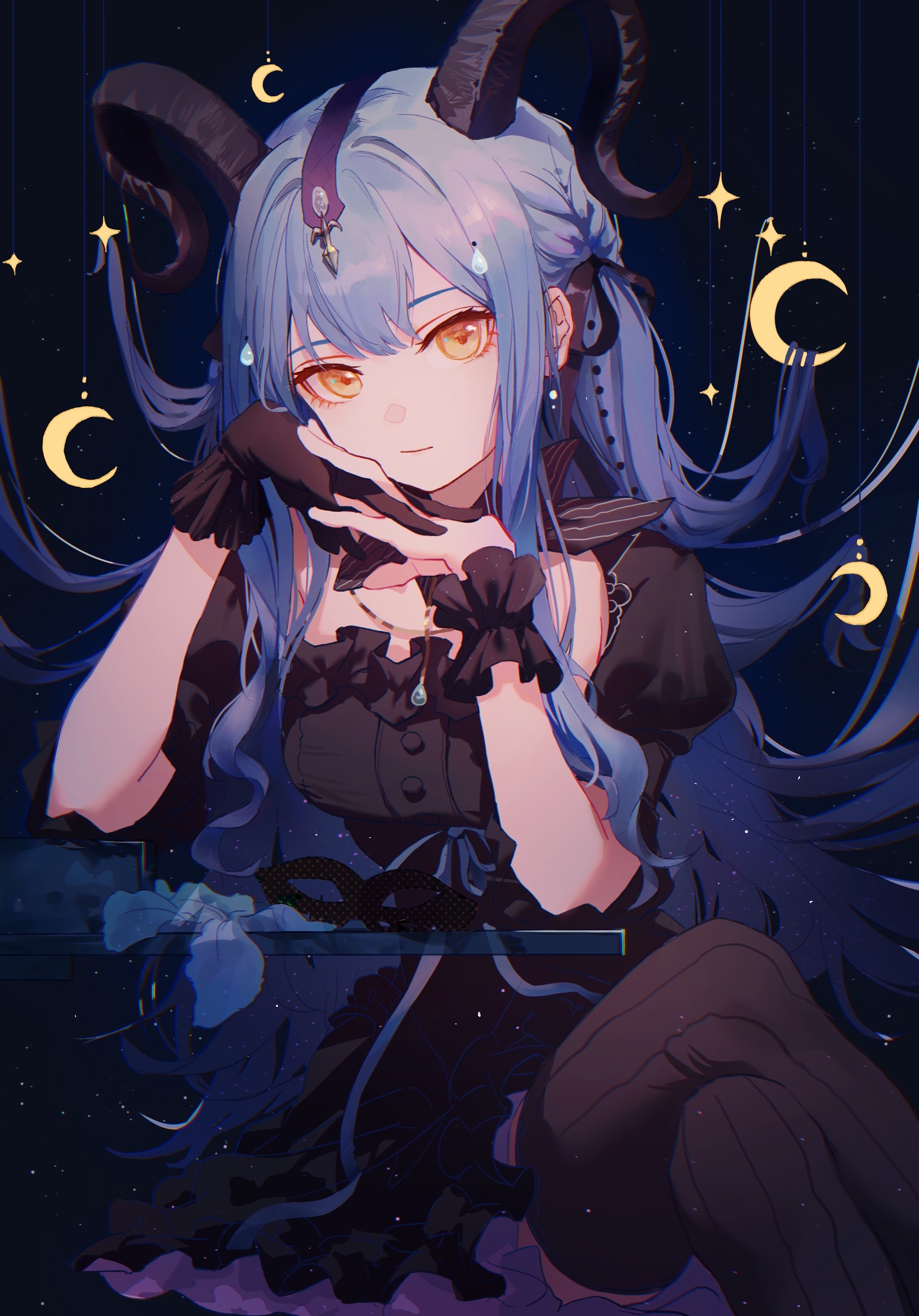 enip o, togawa sakiko, arknights, bang dream!, bang dream! it's mygo!!!!!, absurdres, chinese commentary, commentary request, highres, 1girl, black background, black dress, black gloves, black horns, black ribbon, black thighhighs, blue hair, breasts, closed mouth, cowboy shot, crescent moon, curled horns, demon horns, detached collar, dress, eye mask, floating hair, frilled dress, frills, gloves, hair ribbon, hands up, horns, long hair, looking at viewer, mask, medium breasts, moon, official alternate costume, own hands together, puffy short sleeves, puffy sleeves, ribbon, short sleeves, sidelocks, single glove, sitting, solo, thighhighs, togawa sakiko (master of melodia), unworn mask, wrist cuffs, yellow eyes