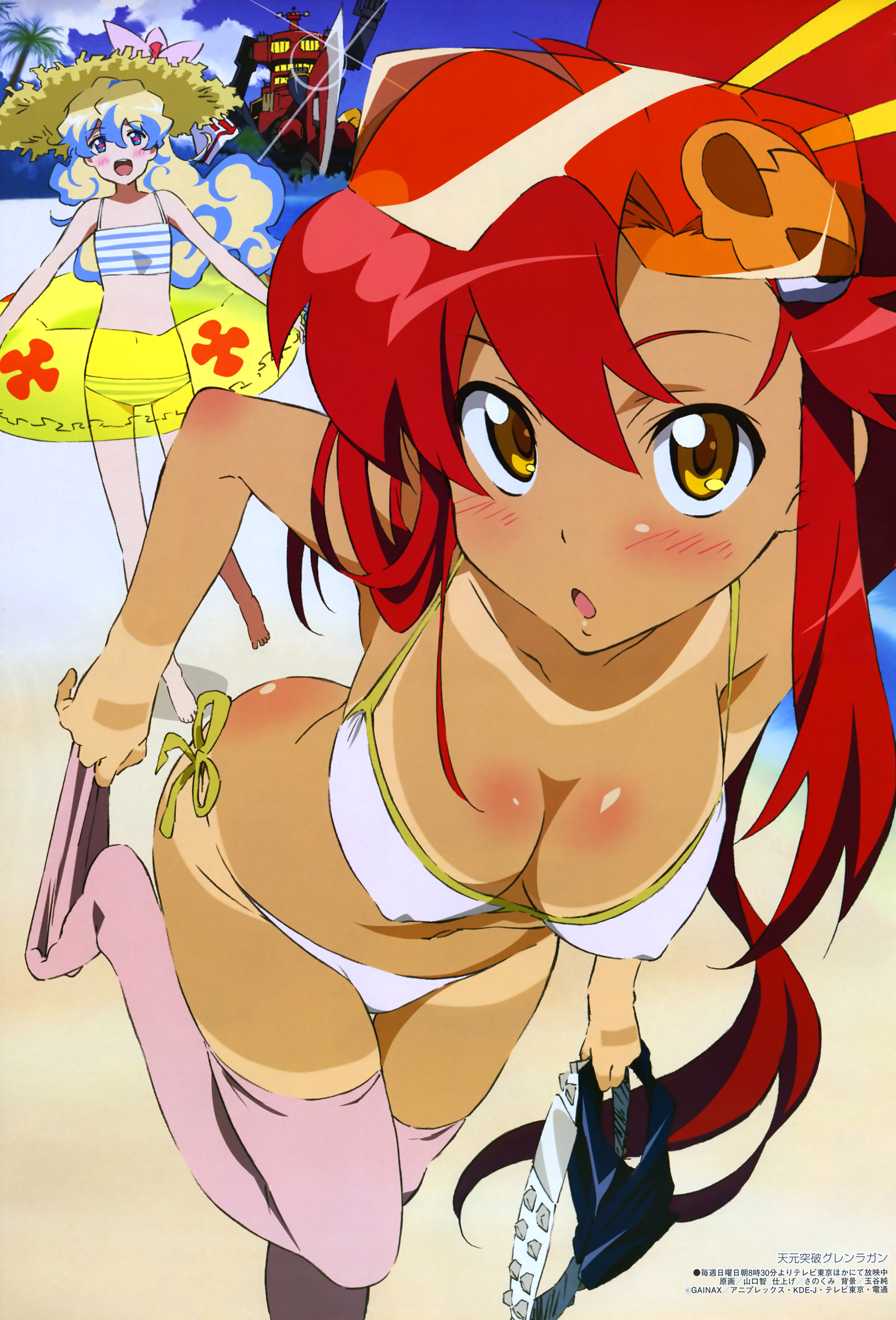 yoko littner, tengen toppa gurren lagann, absurdres, highres, official art, 00s, beach, bikini, breasts, dark skin, innertube, red hair, swim ring, swimsuit, tan, tanline