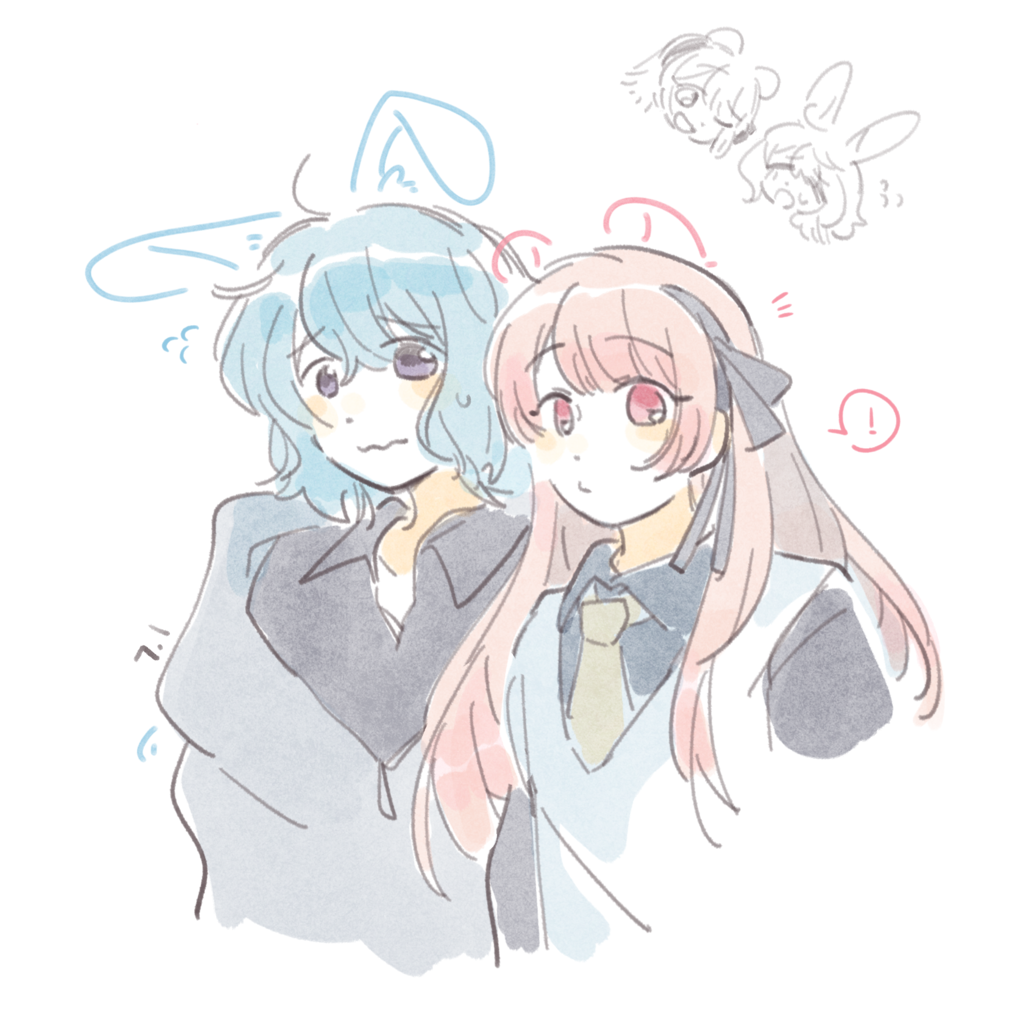 woodonly, commentary, highres, symbol-only commentary, 2girls, ame demo hare demo, animal ears, bear ears, black hairband, black shirt, blue hair, collared shirt, drawn ears, grey jacket, hairband, jacket, long hair, multiple girls, necktie, nekozaki ren, off shoulder, open clothes, open collar, open jacket, pink hair, purple eyes, rabbit ears, raised inner eyebrows, red eyes, shirt, short-sleeved sweater, short hair, short sleeves, sweater, v-neck, wavy mouth, white sweater, yamada mikoto (ame demo hare demo), yellow necktie