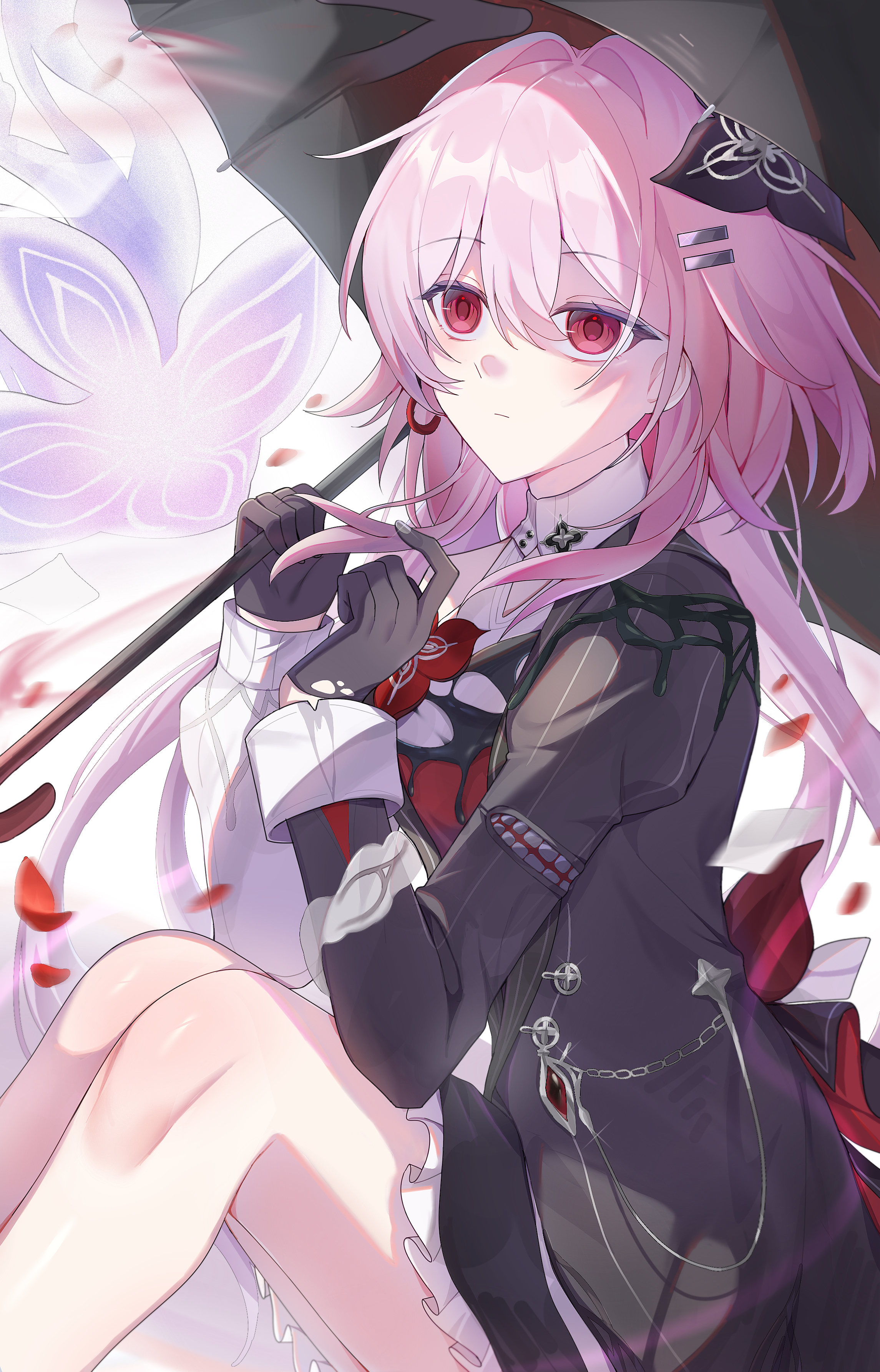 zixi, evernight (honkai: star rail), march 7th (honkai: star rail), honkai: star rail, honkai (series), absurdres, commentary request, highres, 1girl, black dress, black flower, black gloves, black umbrella, closed mouth, dress, earrings, expressionless, falling petals, feet out of frame, flower, gloves, hair between eyes, hair flower, hair ornament, hairclip, hands up, holding, holding own hair, holding umbrella, jellyfish, jewelry, knees up, long sleeves, looking at viewer, official alternate eye color, parallel hairclips, petals, pink hair, playing with own hair, red eyes, red petals, single earring, sitting, solo, umbrella