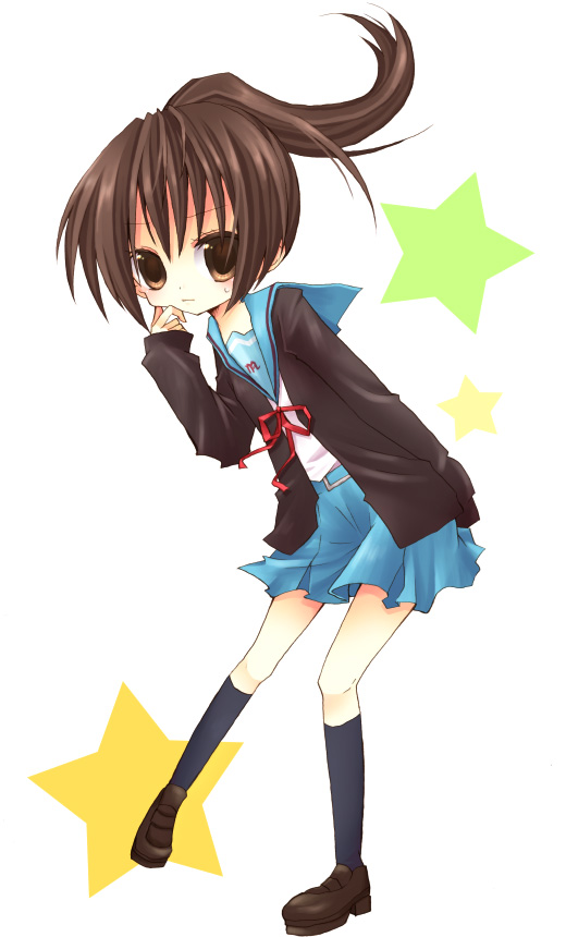 arise riyu, kyon, kyonko, suzumiya haruhi no yuuutsu, 00s, 1girl, cardigan, female focus, full body, genderswap, genderswap (mtf), long sleeves, ponytail, school uniform, serafuku, solo
