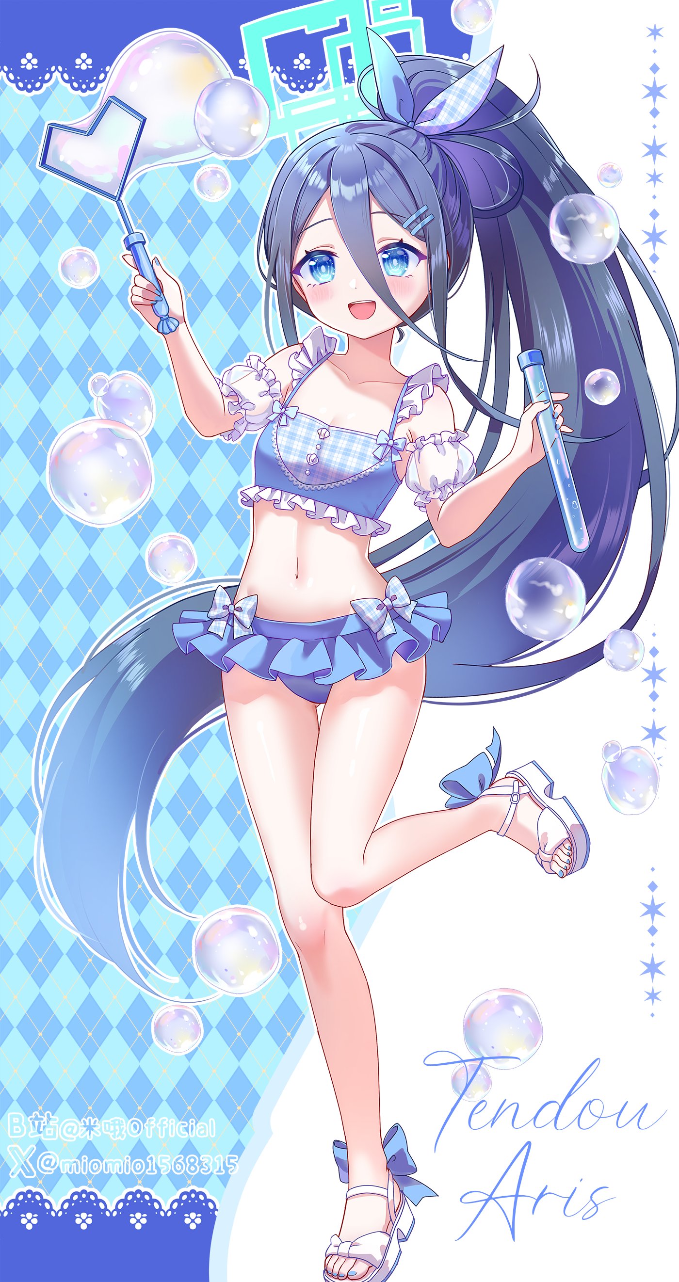 miomio1568315, aris (blue archive), blue archive, absurdres, commentary, highres, making-of available, 1girl, :d, alternate costume, aqua bow, aqua eyes, argyle background, artist name, bikini, bikini skirt, bilibili username, blue background, blue bikini, blue bow, blue hair, blue nails, blush, bottle, bow, bow bikini, breasts, bright pupils, bubble, bubble wand, character name, cleavage, collarbone, detached sleeves, double-parted bangs, fingernails, floating hair, footwear bow, frilled bikini, frilled straps, frills, full body, hair between eyes, hair bow, hair ornament, hairclip, hands up, high ponytail, holding, holding bottle, holding wand, long bangs, long hair, long hair between eyes, long sidelocks, looking at viewer, multicolored bow, navel, open mouth, parallel hairclips, plaid bikini, plaid bow, plaid clothes, ponytail, puffy detached sleeves, puffy sleeves, ringed eyes, sandals, see-through clothes, see-through sleeves, sidelocks, smile, soap bubbles, solo, spaghetti strap, standing, standing on one leg, swimsuit, teeth, toenails, toes, twitter username, twitter x logo, upper teeth only, very long hair, wand, white background, white pupils, white sandals