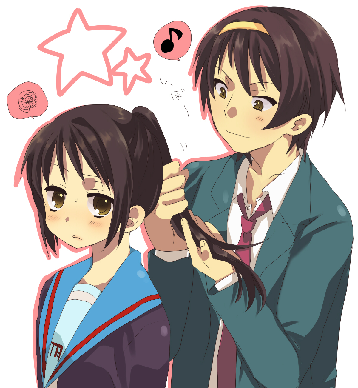 oomuro, oomuro (omuraisu), kyon, kyonko, suzumiya haruhi, suzumiya haruhiko, suzumiya haruhi no yuuutsu, bad id, bad pixiv id, highres, 00s, 1boy, 1girl, blouse, genderswap, genderswap (ftm), genderswap (mtf), ponytail, school uniform, serafuku, shirt, white shirt