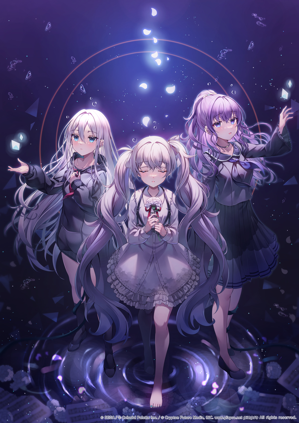 gin (gin937), 25-ji miku, asahina mafuyu, hatsune miku, yoisaki kanade, project sekai, vocaloid, commentary request, highres, official art, 3girls, barefoot, black hoodie, black shirt, black shoes, black skirt, black socks, blush, closed eyes, closed mouth, collared shirt, copyright notice, dress, frilled dress, frills, full body, grey hair, hair between eyes, hand up, hood, hood down, hoodie, long hair, long sleeves, multiple girls, neck ribbon, neckerchief, open mouth, pleated skirt, ponytail, purple background, purple hair, purple neckerchief, red ribbon, ribbon, shirt, shoes, skirt, socks, standing, twintails, white dress