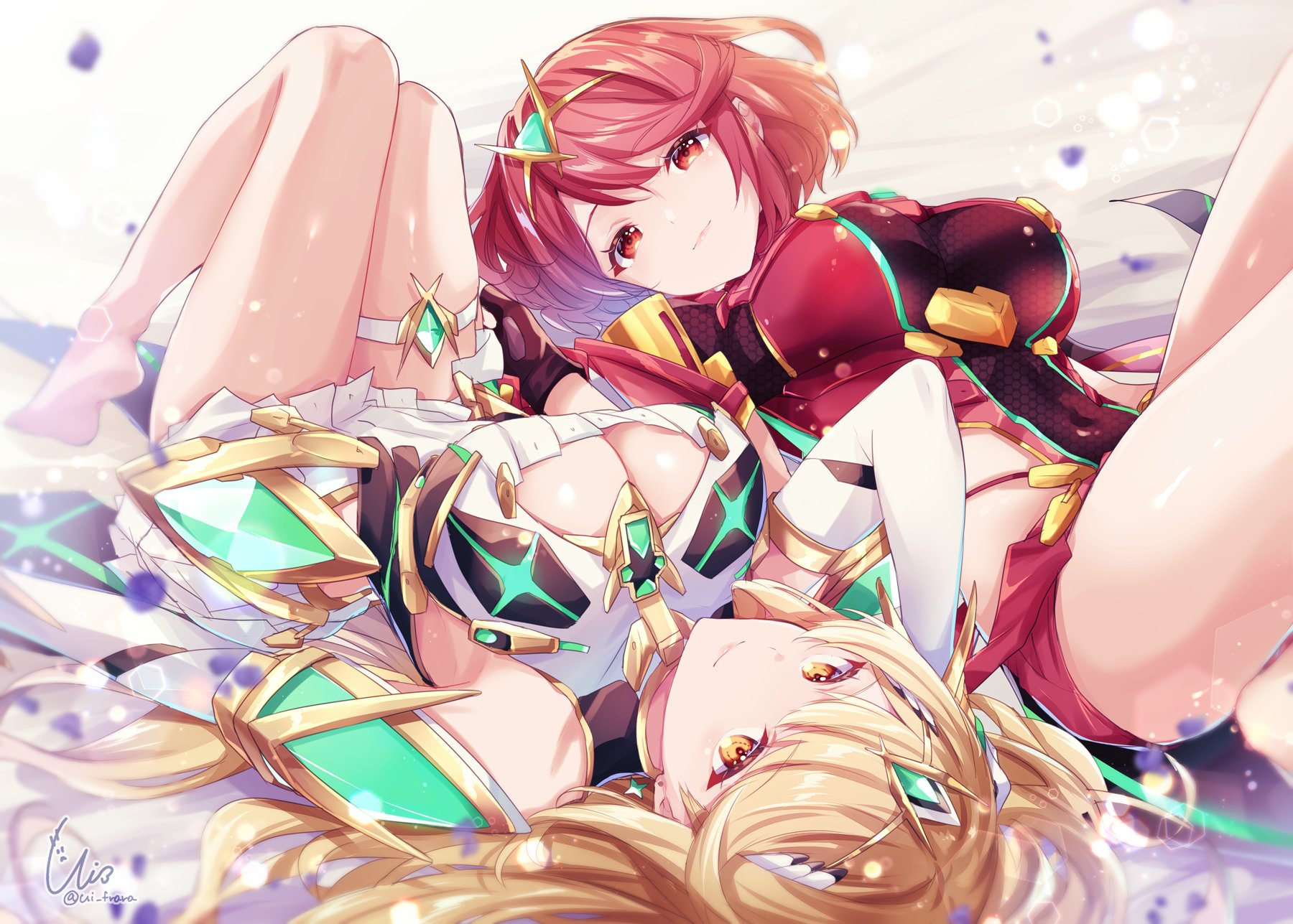 ui frara, mythra (xenoblade), pyra (xenoblade), xenoblade chronicles (series), xenoblade chronicles 2, 2girls, blonde hair, breasts, large breasts, multiple girls, red eyes, red hair, yellow eyes