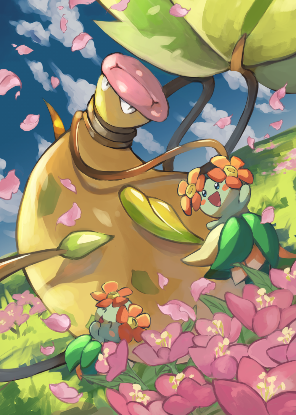 katiwari7293, bellossom, mega victreebel, victreebel, nintendo, pokemon, highres, :d, ^ ^, closed eyes, cloud, day, falling petals, field, flower, gen 1 pokemon, gen 2 pokemon, grass, leaf skirt, lips, nature, no humans, open mouth, outdoors, petals, pink flower, pitcher plant, plant, pokemon (creature), pokemon focus, red flower, skirt, sky, smile, vines