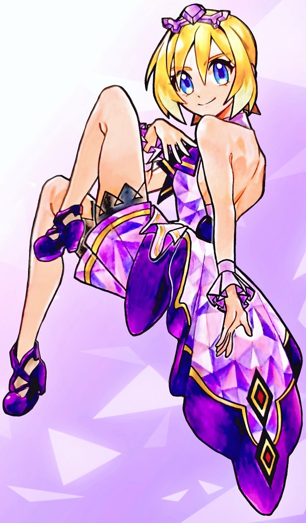 saku06480514, irida (anniversary 2025) (pokemon), irida (pokemon), nintendo, pokemon, pokemon masters ex, 1girl, blonde hair, breasts, closed mouth, dress, hair between eyes, headband, looking at viewer, neckerchief, official alternate costume, purple dress, purple headband, purple neckerchief, purple shorts, purple wrist cuffs, shoes, short hair, shorts, shorts under dress, sleeveless, sleeveless dress, smile, wrist cuffs