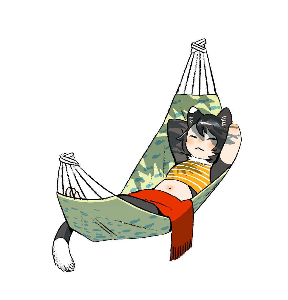 kui ryouko, izutsumi, dungeon meshi, 1girl, animal ears, arms behind head, barefoot, black hair, cat ears, cat girl, cat tail, closed eyes, full body, lying, navel, on back, on hammock, red scarf, scarf, short hair, simple background, sleeping, solo, tail, white background