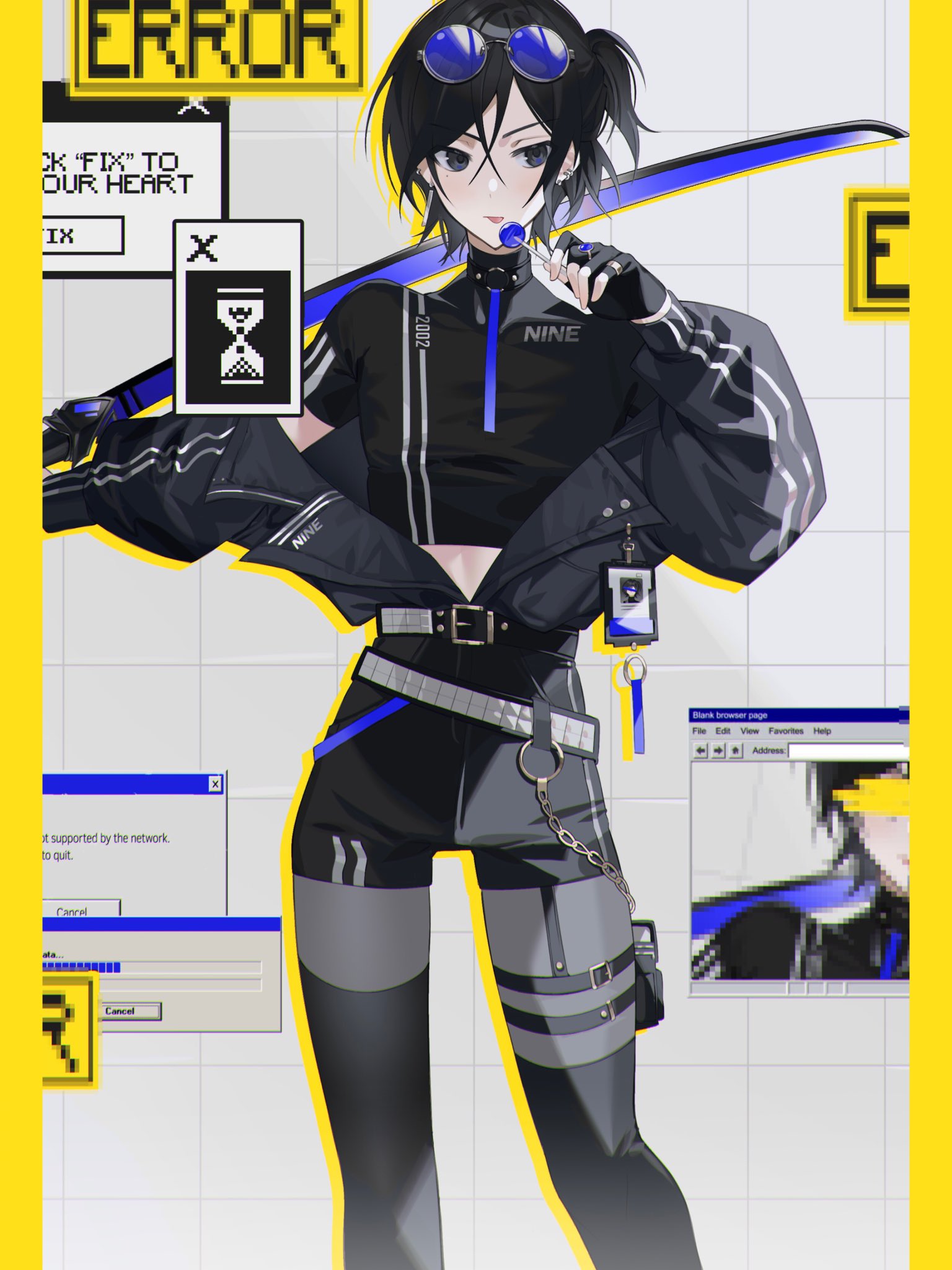 vorqcity, original, commentary, highres, 1boy, black gloves, black hair, black jacket, black shirt, black shorts, black thighhighs, blue-tinted eyewear, candy, cowboy shot, cropped shirt, crossed bangs, drop shadow, error message, eyewear on head, fingerless gloves, food, glasses, gloves, hand up, holding, holding candy, holding food, holding lollipop, jacket, lollipop, long sleeves, looking to the side, male focus, one side up, open clothes, open jacket, pillarboxed, shirt, short hair, short shorts, short sleeves, shorts, solo, thighhighs, tinted eyewear, tongue, tongue out, turtleneck, turtleneck shirt