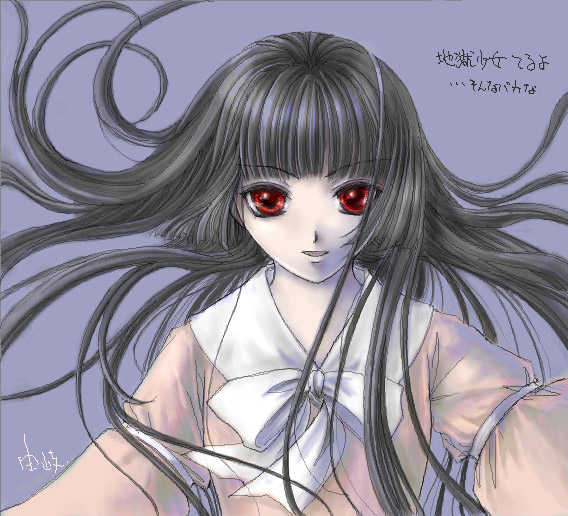 yuki shuuka, houraisan kaguya, touhou, 1girl, black hair, blunt bangs, bow, bowtie, female focus, floating hair, hime cut, looking at viewer, oekaki, open mouth, purple background, red eyes, simple background, solo, white bow, wind
