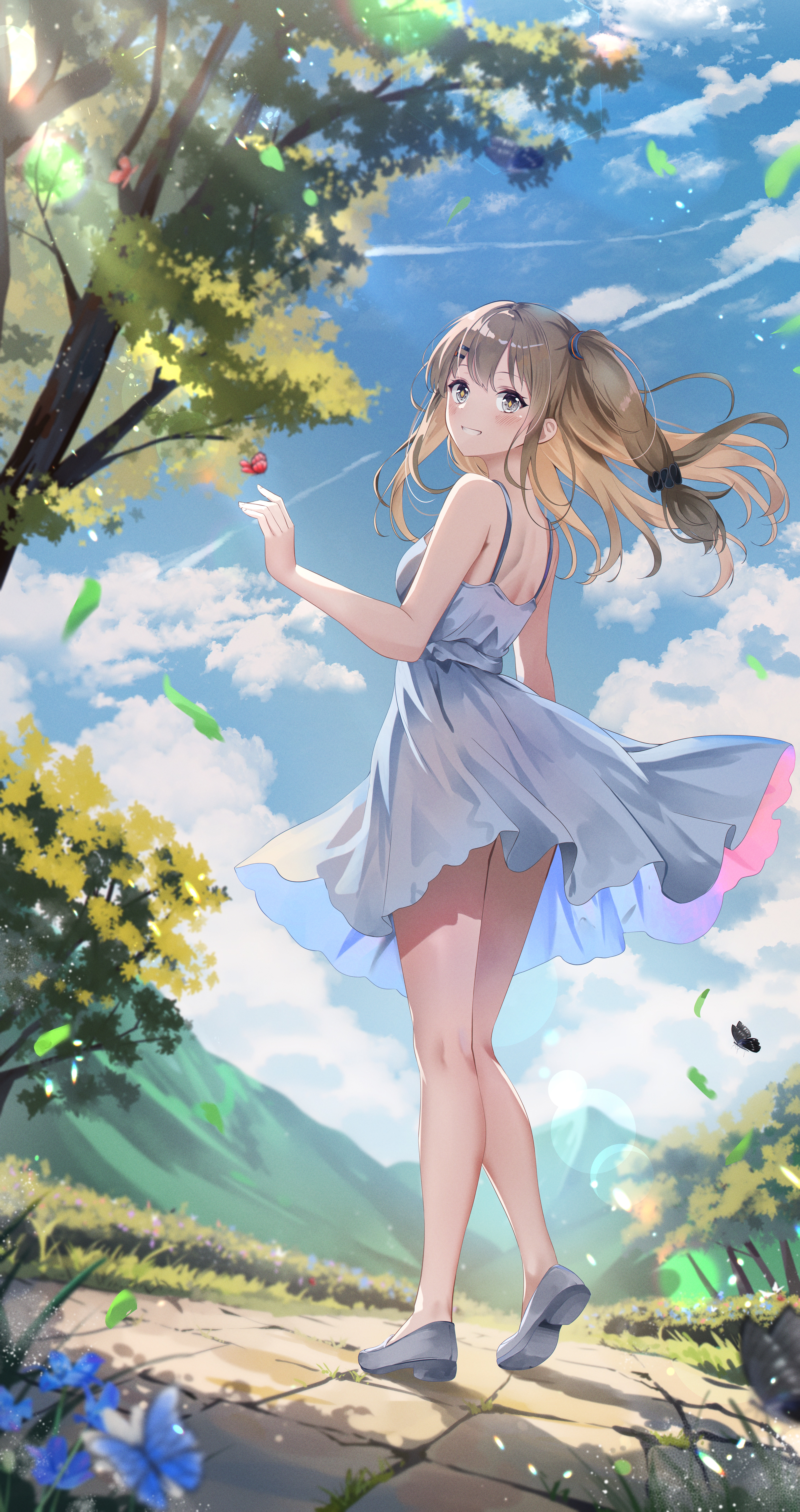 aizawa (aizawatsu), k2 (girls' frontline), yoohee (girls' frontline 2), girls' frontline, girls' frontline 2: exilium, absurdres, commentary, highres, 1girl, bare arms, bare shoulders, blue sky, blush, breasts, brown eyes, brown hair, cloud, day, dress, full body, grin, hand up, long hair, looking at viewer, medium breasts, outdoors, shoes, sky, sleeveless, sleeveless dress, smile, solo, standing, tree, white dress, white shoes