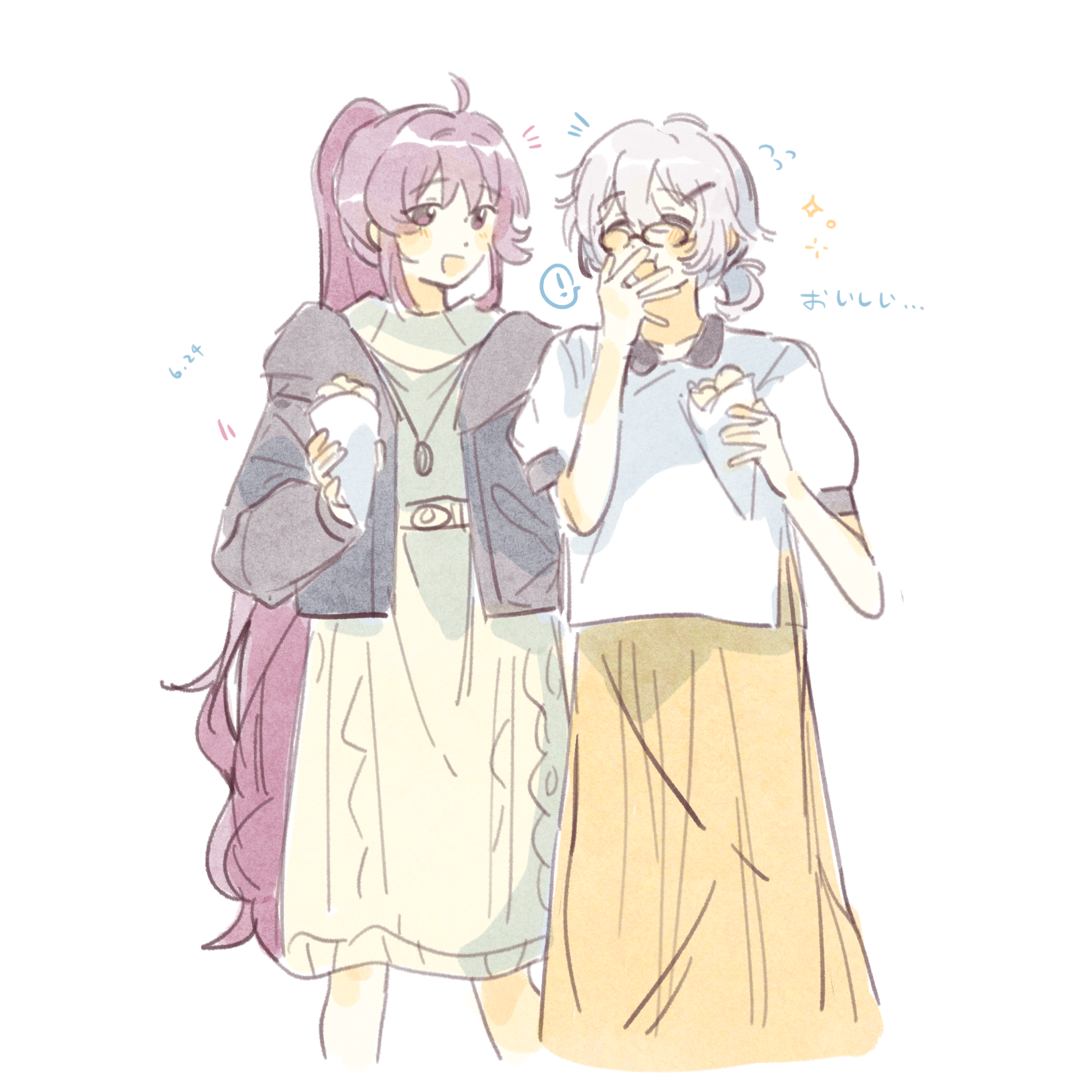 woodonly, ikeda chitose, sugiura ayano, yuruyuri, chinese commentary, commentary request, highres, translation request, !, 2girls, :d, ^ ^, aged up, ahoge, black-framed eyewear, black jacket, closed eyes, collared shirt, colored speech bubble, contrast collar, couple, crepe, dating, dress, eating, food, glasses, green dress, grey hair, hair ornament, hairclip, holding, holding crepe, holding food, jacket, long hair, long sleeves, looking at another, low ponytail, medium dress, multiple girls, open clothes, open jacket, open mouth, ponytail, purple eyes, purple hair, rounded collar, shirt, short ponytail, sidelocks, skirt, smile, speech bubble, spoken exclamation mark, very long hair, white shirt, yellow skirt, yuri