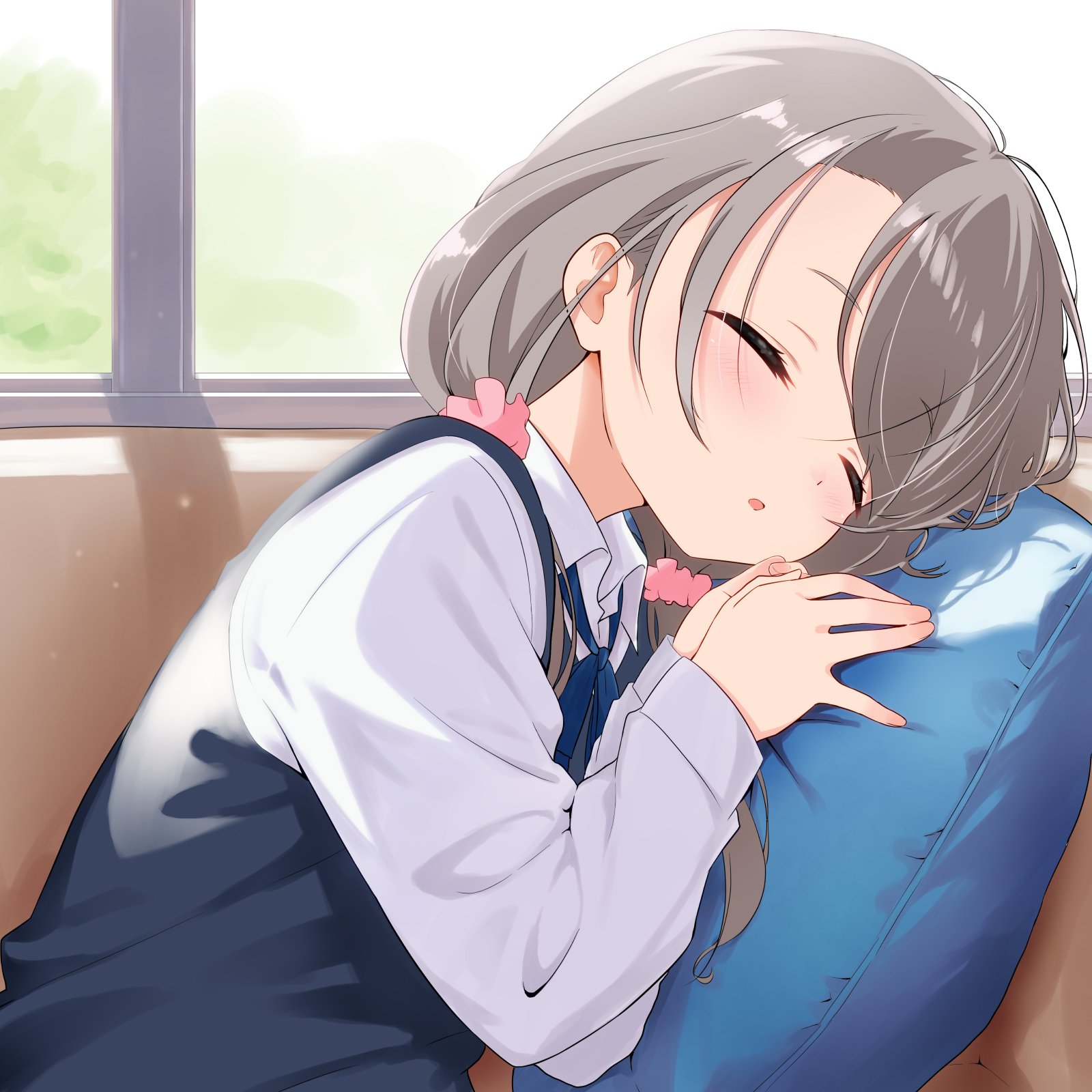 azumawari (azumofu), shikishima sakurako, mono (afro), commentary request, highres, 1girl, blue ribbon, blue sweater vest, blush, closed eyes, collared shirt, facing viewer, grey hair, hair ornament, hair scrunchie, head on pillow, long sleeves, low twintails, neck ribbon, parted lips, pillow, pink scrunchie, ribbon, school uniform, scrunchie, shirt, sleeping, solo, sweater vest, swept bangs, twintails, white shirt