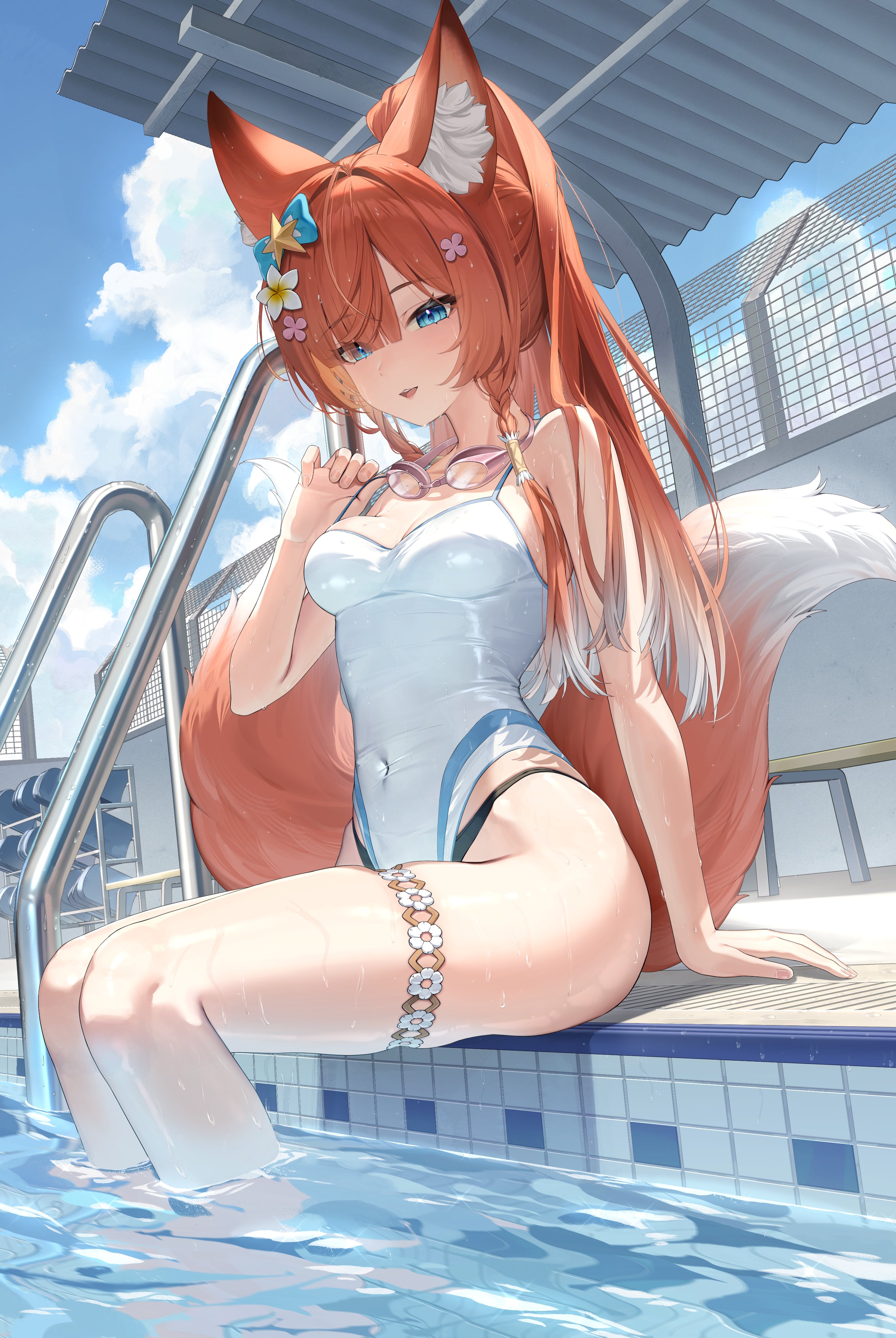 illian-san, meridian project, absurdres, character request, highres, 1girl, adjusting strap, animal ear fluff, animal ears, black panties, blue eyes, flower, glasses, goggles, goggles around neck, hair between eyes, hair flower, hair ornament, hand up, highleg, highleg panties, long hair, multiple tails, one-piece swimsuit, orange hair, panties, panties under swimsuit, parted lips, pool, sitting, solo, swim goggles, swimsuit, tail, thigh strap, underwear, virtual youtuber, white flower, white one-piece swimsuit