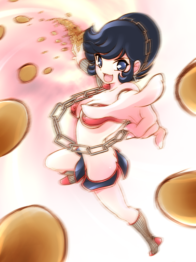 pikuseru, benten (urusei yatsura), urusei yatsura, bad id, bad pixiv id, 1girl, beans, breasts, chain, cleavage, female focus, medium breasts, pointing, setsubun, short hair, solo