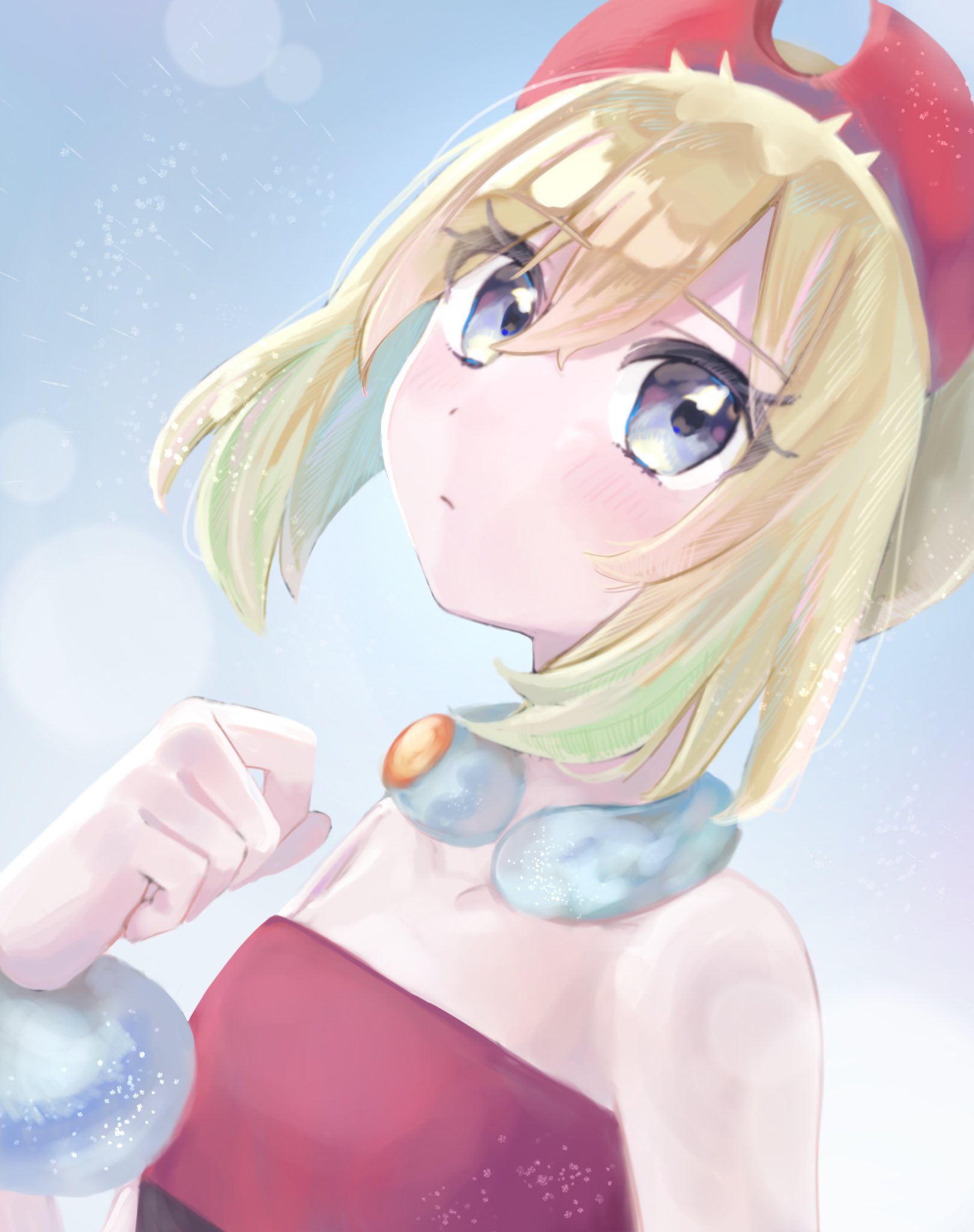 nendo 0603, irida (pokemon), nintendo, pokemon, pokemon legends: arceus, highres, 1girl, bare shoulders, blonde hair, blue eyes, blush, bracelet, breasts, closed mouth, collarbone, eyelashes, hair between eyes, hairband, jewelry, looking at viewer, neck ring, red hairband, red shirt, shirt, short hair, solo, strapless, strapless shirt, upper body