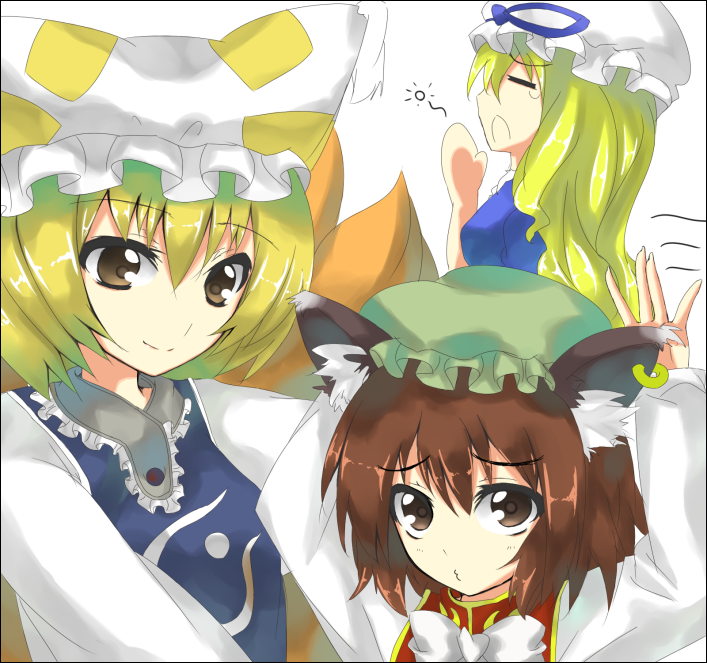 shingetsu takehito, chen, yakumo ran, yakumo yukari, touhou, 3girls, animal ears, animal hat, blonde hair, brown eyes, brown hair, cat ears, cat girl, earrings, female focus, hat, jewelry, long hair, long sleeves, mob cap, multiple girls, o3o, short hair, tassel, white background
