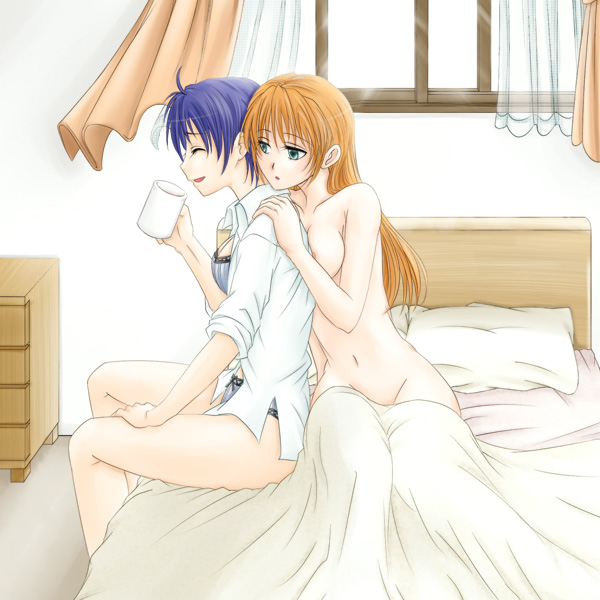 subaru nakajima, teana lanster, lyrical nanoha, mahou shoujo lyrical nanoha, mahou shoujo lyrical nanoha strikers, 00s, 2girls, bed, bed sheet, breasts on another's back, cup, mug, multiple girls, naked sheet, nude, panties, shirt, sleeves rolled up, underwear, yuri
