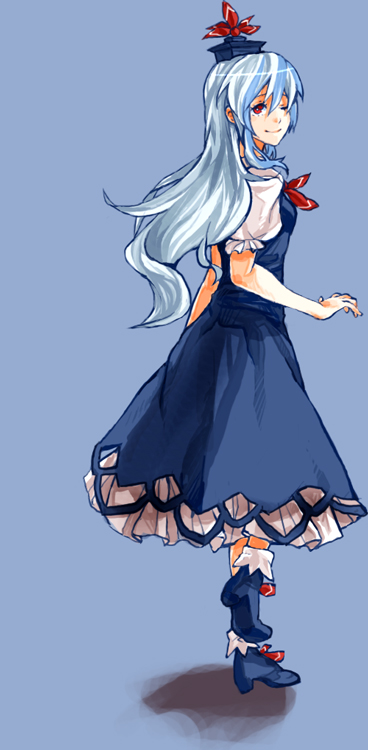 dada, dada (dolce), kamishirasawa keine, touhou, 1girl, blue background, blue boots, blue dress, blue hair, boots, bow, dress, female focus, frills, hat, one eye closed, red bow, red eyes, shadow, smile, solo