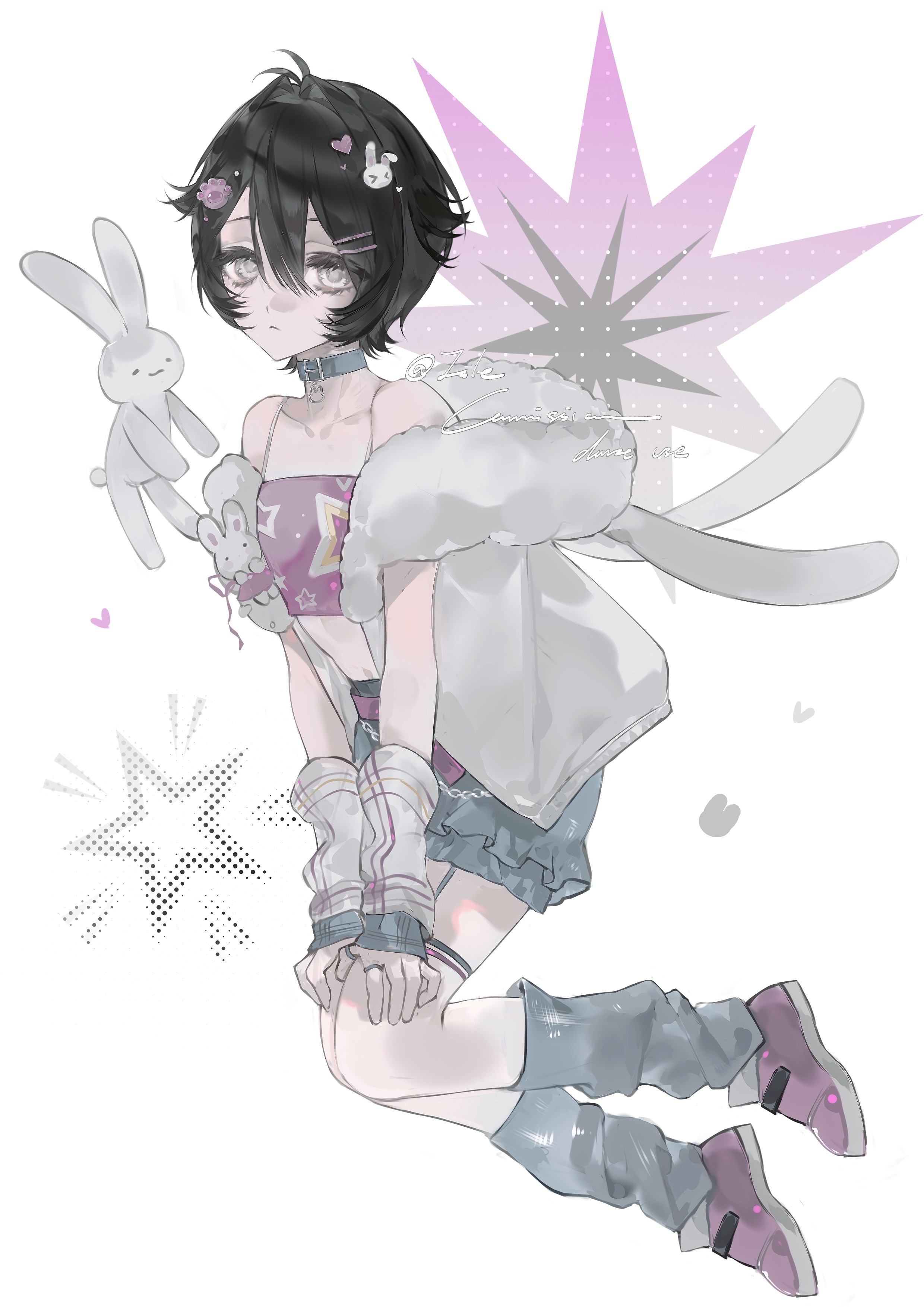 original, absurdres, highres, 1girl, bare shoulders, black hair, choker, collar, collarbone, full body, fur-trimmed jacket, fur trim, grey eyes, hair between eyes, hair ornament, hairclip, hand on own knee, heart, heart hair ornament, heilanshuimuchu, jacket, jumping, looking at viewer, off shoulder, open clothes, open jacket, rabbit, rabbit hair ornament, shoes, short hair, shorts, simple background, socks, stuffed animal, stuffed rabbit, stuffed toy, white background, white jacket
