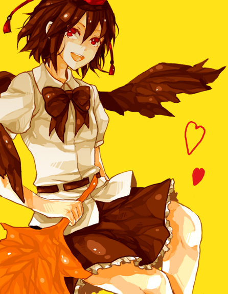 dada, dada (dolce), shameimaru aya, touhou, bad id, bad pixiv id, 1girl, female focus, hat, heart, looking at viewer, open mouth, smile, solo, wings