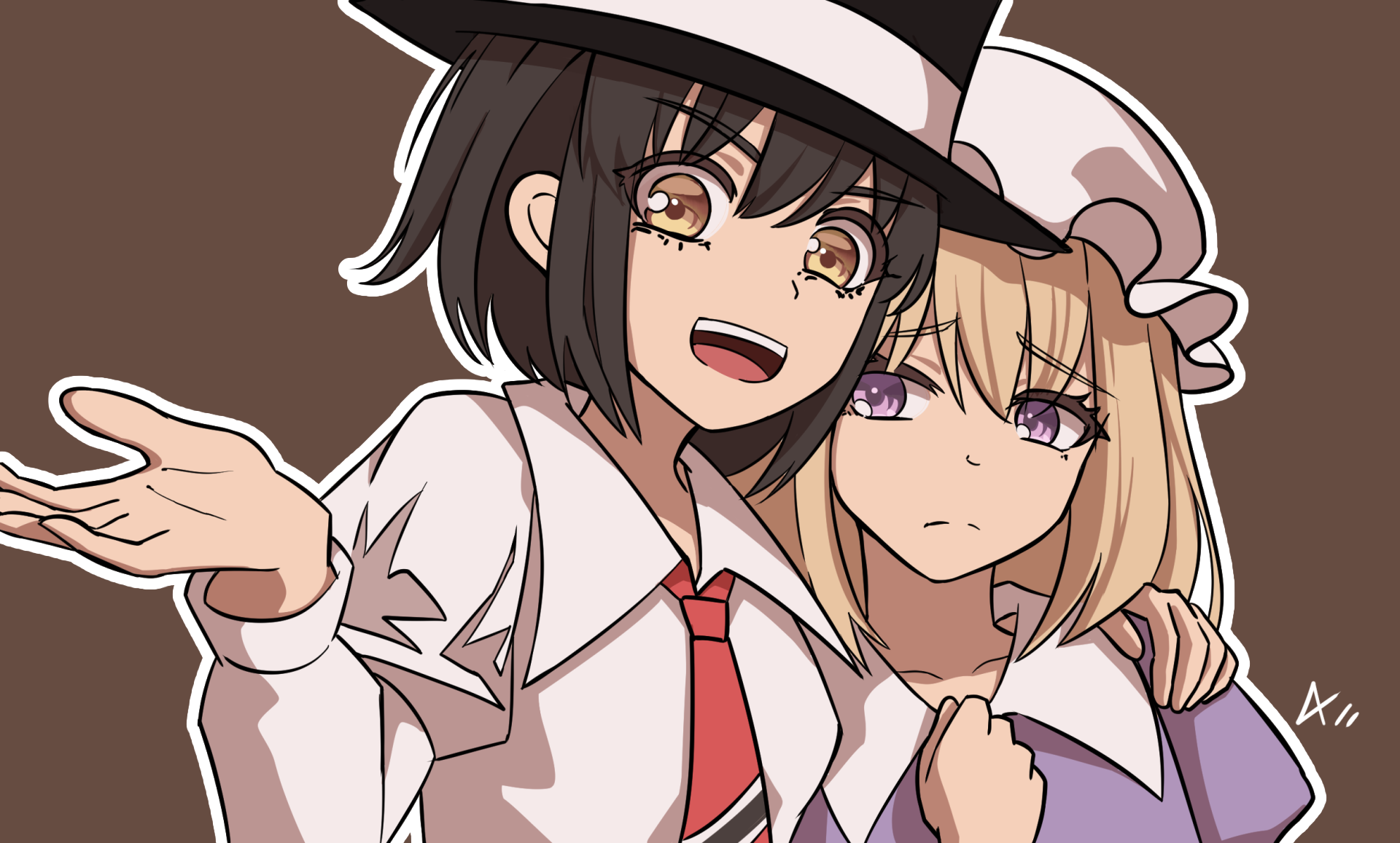 a-xii, maribel hearn, usami renko, touhou, highres, 2girls, black hair, blonde hair, brown background, dress, fedora, hand on own chest, hat, mob cap, multiple girls, purple dress, purple eyes, shirt, white shirt, yellow eyes
