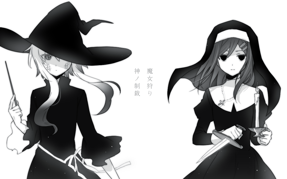 aaniko, kozakura marry, tateyama ayano, kagerou project, commentary request, translation request, 2girls, alternate costume, candle, coif, cross, cross necklace, dagger, dress, gradient hair, greyscale, hair between eyes, hair ornament, hairclip, hat, holding, holding candle, holding dagger, holding knife, holding wand, holding weapon, jewelry, knife, latin cross, long hair, looking at viewer, monochrome, multicolored hair, multiple girls, necklace, no pupils, nun, scales, serious, simple background, straight-on, tsurime, turtleneck, upper body, veil, wand, wavy hair, weapon, white background, witch hat