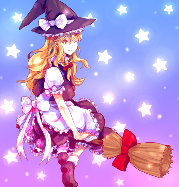 dada, dada (dolce), kirisame marisa, touhou, bad id, bad pixiv id, 1girl, blonde hair, broom, female focus, hat, solo, star (symbol), wink, witch hat
