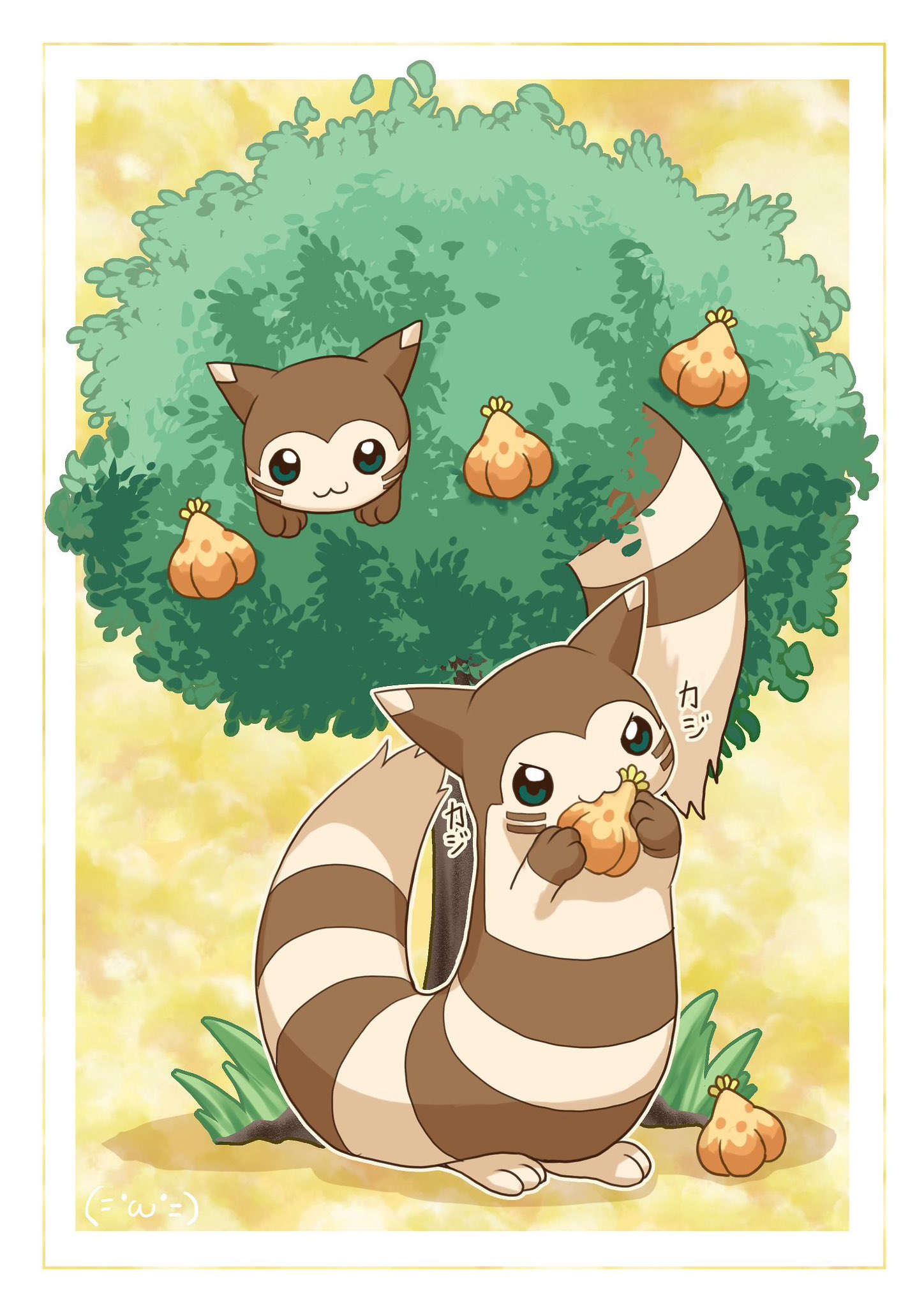 furret, nintendo, pokemon, highres, :3, animal focus, berry (pokemon), closed mouth, eating, full body, gen 2 pokemon, iapapa berry, in tree, no humans, ootachi siaru, pokemon (creature), pokemon focus, smile, tail, tree