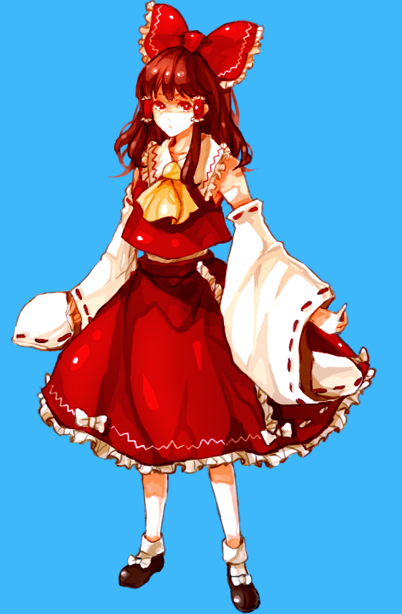 dada, dada (dolce), hakurei reimu, touhou, bad id, bad pixiv id, 1girl, black shoes, blue background, bow, brown hair, detached sleeves, dress, female focus, frills, red bow, red dress, red eyes, red hair, shoes, socks, solo, white socks, yellow bow