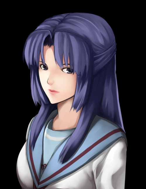 nakamura kusata, asakura ryoko, suzumiya haruhi no yuuutsu, bad id, bad pixiv id, 00s, 1girl, blue eyes, blue hair, female focus, half updo, matching hair/eyes, school uniform, serafuku, solo