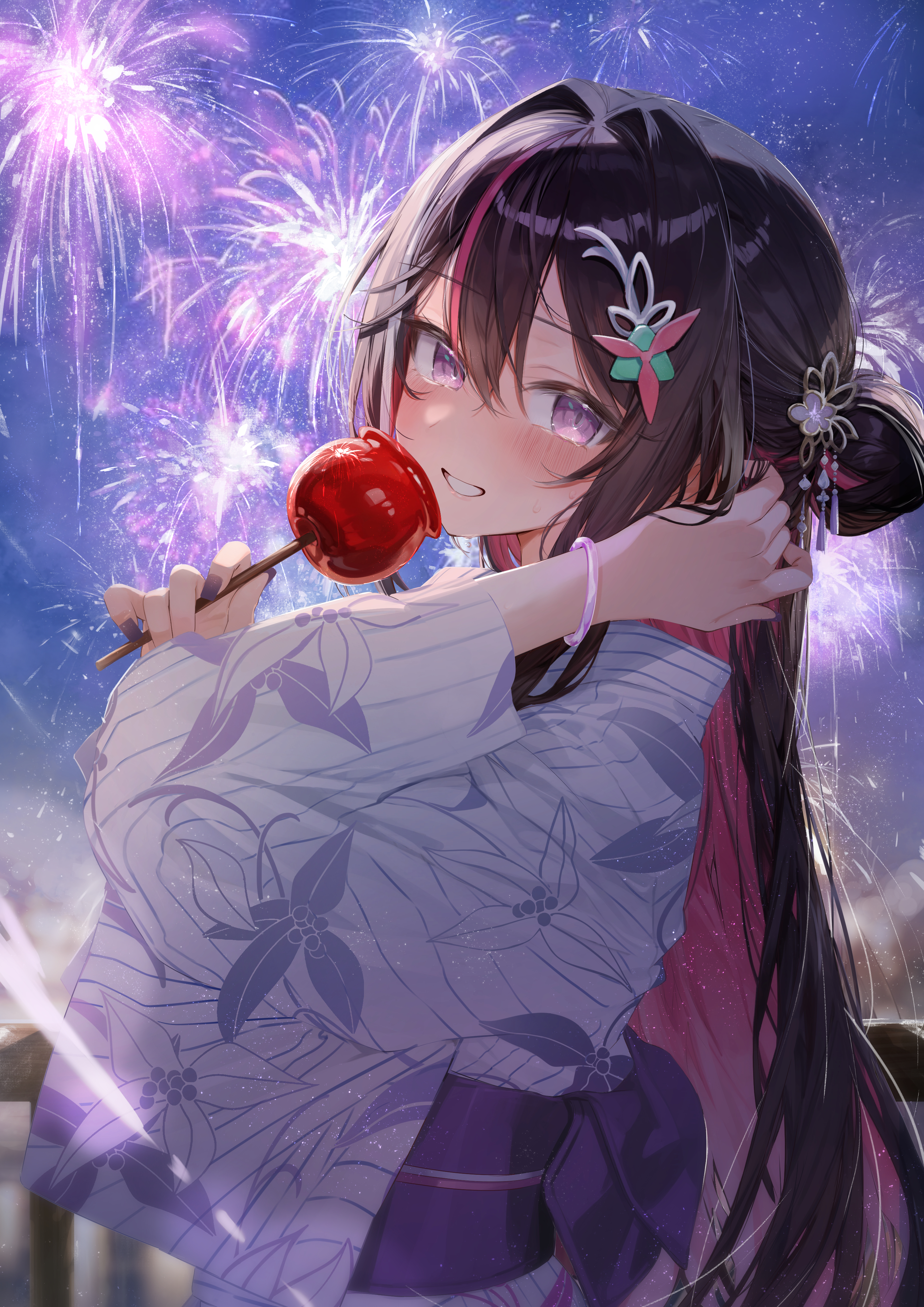 motoi (croa76), azki (hololive), hololive, holonatsu paradise, absurdres, highres, 1girl, blush, bracelet, candy apple, colored inner hair, festival, fireworks, food, grin, hair between eyes, hair intakes, hair ornament, holding, holding candy apple, holding food, japanese clothes, jewelry, kimono, long hair, long sleeves, looking at viewer, multicolored hair, night, obi, open mouth, outdoors, pink hair, purple eyes, sash, smile, solo, streaked hair, summer festival, very long hair, virtual youtuber, yukata