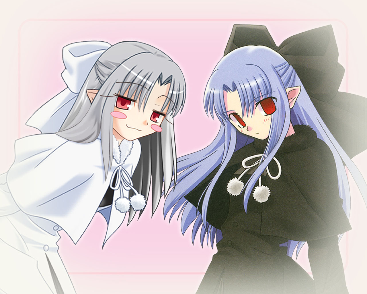 len (tsukihime), white len (tsukihime), melty blood, tsukihime, type-moon, jpeg artifacts, 00s, 2girls, :3, blue hair, blush, half updo, long hair, multiple girls, pointy ears, red eyes, ribbon, smile, white hair