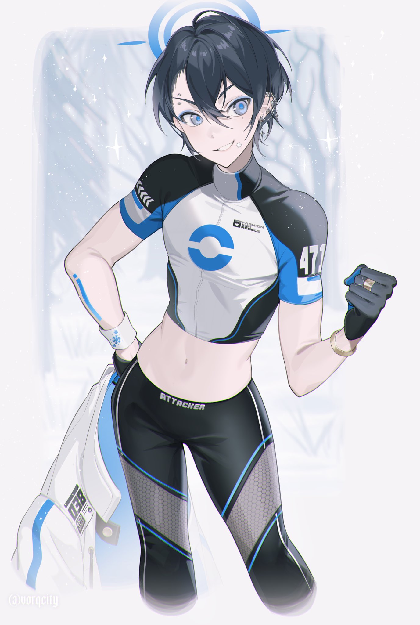 vorqcity, original, commentary, english commentary, highres, 1boy, black gloves, black hair, black pants, black shirt, blue eyes, blue halo, bracelet, clenched hand, cropped legs, cropped shirt, crossed bangs, ear piercing, eyebrow piercing, face piercing, gloves, gold bracelet, hair between eyes, halo, hand on own hip, hand up, jewelry, looking at viewer, male focus, midriff, navel, pants, piercing, ring, shirt, short hair, short sleeves, smile, solo, taut clothes, taut pants, taut shirt, two-tone shirt, white background, white shirt