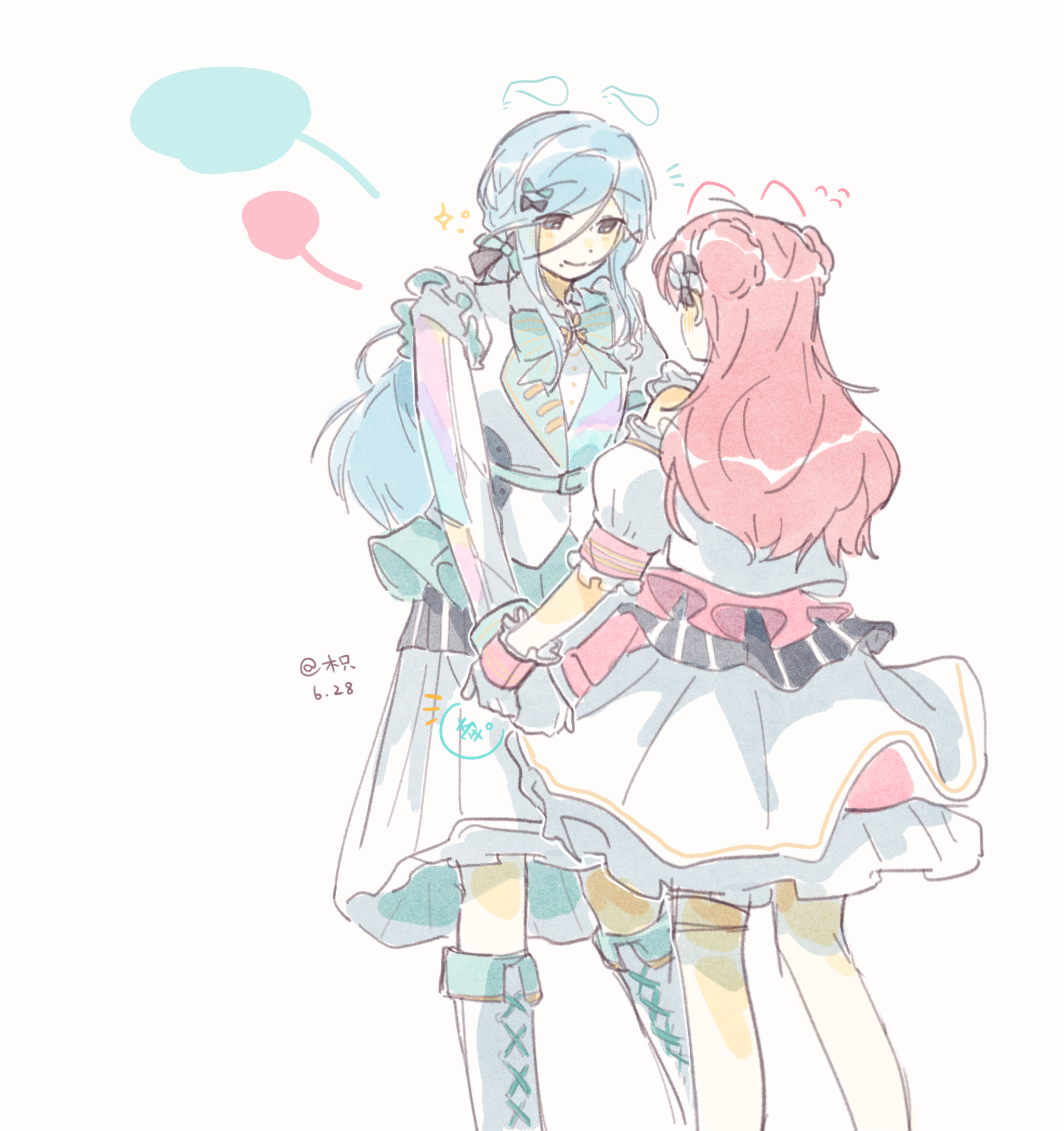woodonly, hinomori shizuku, momoi airi, project sekai, chinese commentary, commentary request, costume request, highres, 2girls, animal ears, bare shoulders, blank speech bubble, blue eyes, blue hair, boots, bun with braided base, cat ears, colored speech bubble, dated, detached sleeves, dog ears, double bun, drawn ears, flying sweatdrops, hair bun, holding another's wrist, jacket, knee boots, long hair, long sidelocks, long sleeves, looking at another, mole, mole under mouth, multiple girls, notice lines, parted bangs, pink hair, short sleeves, sidelocks, signature, simple background, skirt, smile, speech bubble, white background, white jacket, white skirt