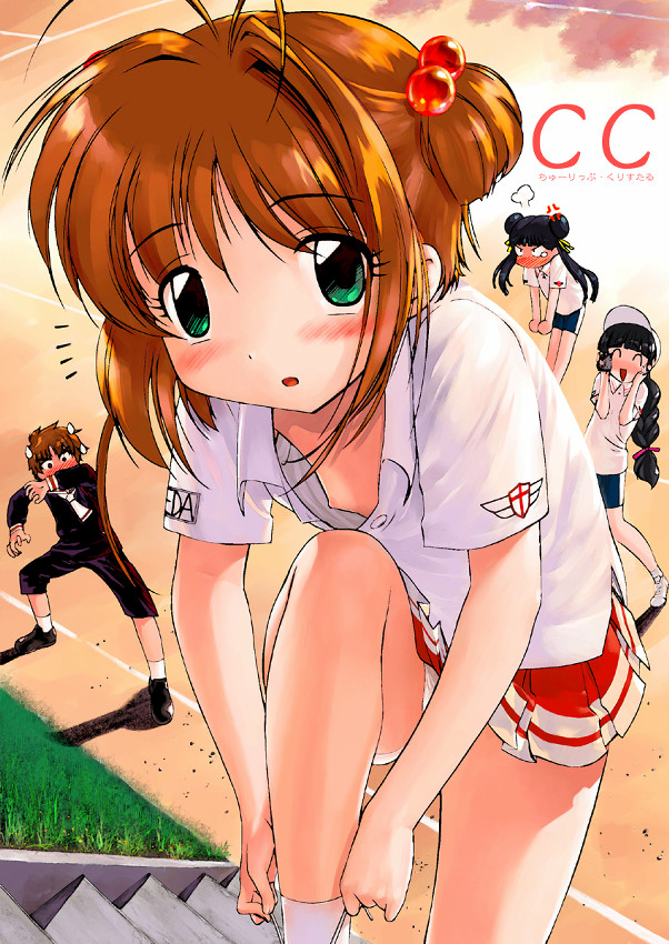hechi, daidouji tomoyo, kinomoto sakura, li meiling, li syaoran, cardcaptor sakura, 1990s (style), 3girls, ^^^, blush, camcorder, camera, downblouse, flat chest, loli, multiple girls, nipple slip, nipples, no bra, panties, pantyshot, retro artstyle, underwear, video camera, white panties