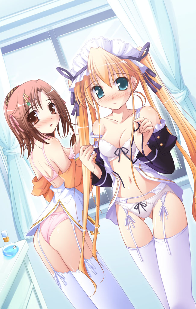 hiiragi anri, kamisaka haruhi, happiness!, 00s, 2girls, blush, bra, garter belt, lingerie, long hair, multiple girls, panties, ribbon, thighhighs, twintails, underwear