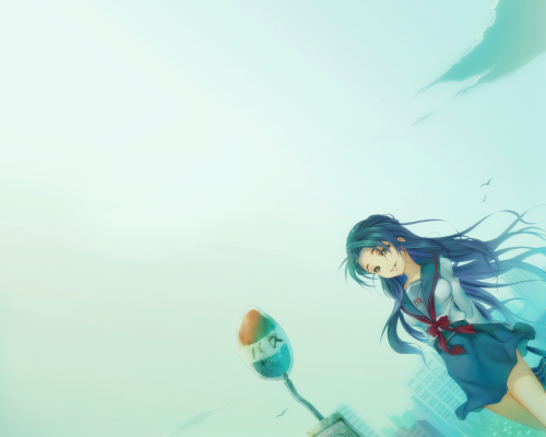 yoshii, asakura ryoko, suzumiya haruhi no yuuutsu, lowres, 00s, 1girl, blue eyes, blue hair, blue sailor collar, blue skirt, female focus, kita high school uniform, sailor collar, school uniform, serafuku, skirt, sky, smile, solo