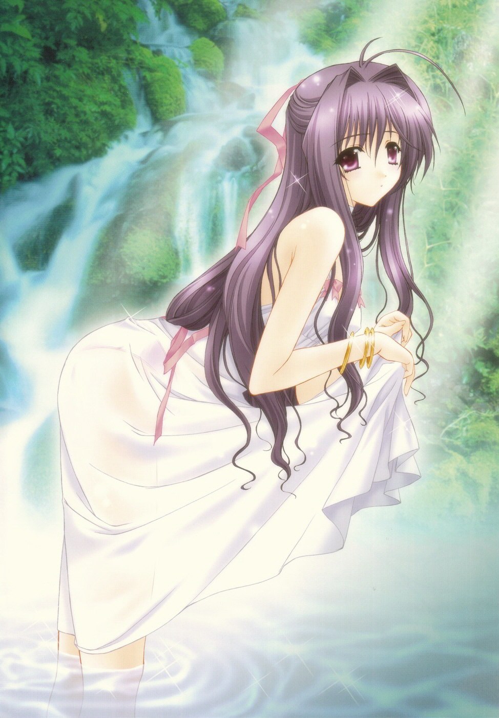 kimizuka aoi, highres, 1girl, antenna hair, bent over, bracelet, dress, female focus, jewelry, long hair, panties, purple eyes, purple hair, see-through clothes, solo, sparkle, underwear, wading, water, waterfall