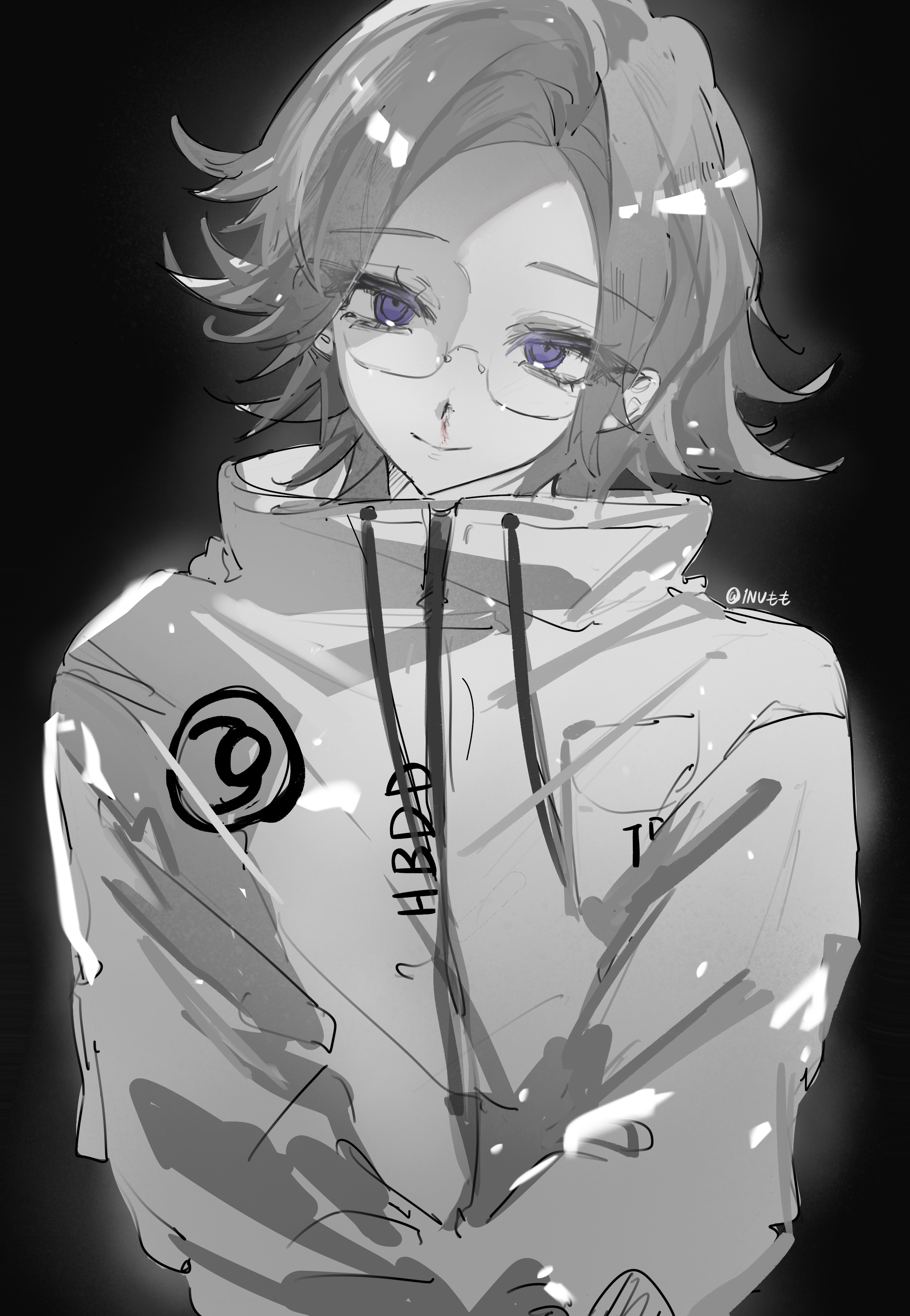 aotsuki eito, the hundred line -last defense academy-, absurdres, chinese commentary, commentary request, highres, variant set, 1boy, black background, breast pocket, ghost35, glasses, grey hair, jacket, looking at viewer, male focus, outer glow, pocket, purple eyes, short hair, simple background, sketch, smile, solo, upper body