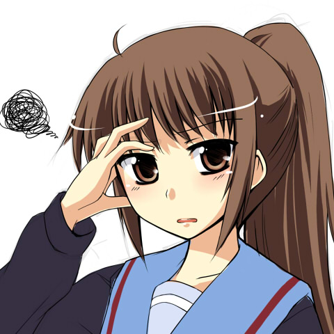 nagami yuu, kyon, kyonko, suzumiya haruhi no yuuutsu, gender request, lowres, 00s, 1girl, cardigan, female focus, genderswap, ponytail, school uniform, serafuku, simple background, solo