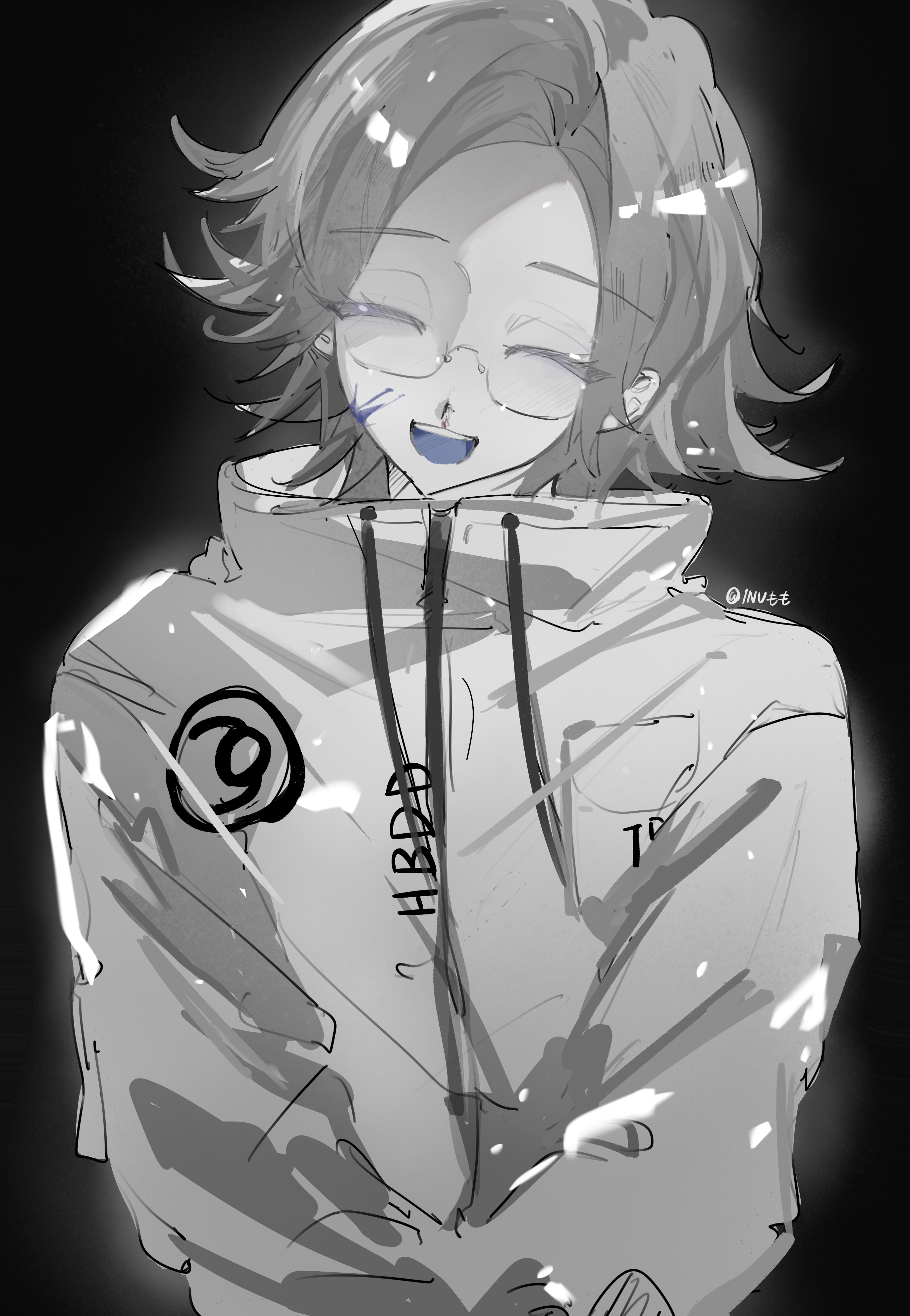 aotsuki eito, the hundred line -last defense academy-, absurdres, chinese commentary, commentary request, highres, variant set, 1boy, :d, ^ ^, black background, blood, blood on face, blue blood, breast pocket, closed eyes, ghost35, glasses, grey hair, jacket, male focus, open mouth, outer glow, pocket, short hair, simple background, sketch, smile, solo, teeth, upper body, upper teeth only