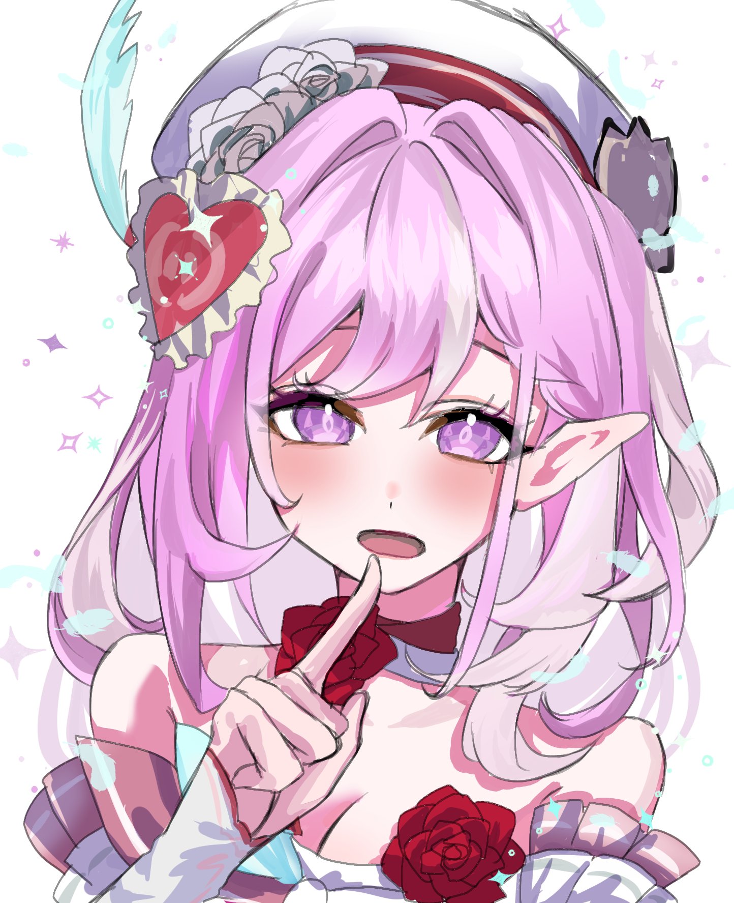 gettou0 0, elysia (honkai impact), honkai (series), honkai impact 3rd, highres, 1girl, bare shoulders, beret, breasts, cleavage, diamond-shaped pupils, diamond (shape), dress, elf, elysia (hi elf of love) (honkai impact), finger to mouth, gloves, hat, large breasts, long hair, multicolored hair, open mouth, pink hair, pointy ears, purple eyes, simple background, solo, symbol-shaped pupils, two-tone hair, upper body, very long hair, white background, white dress, white gloves, white hair